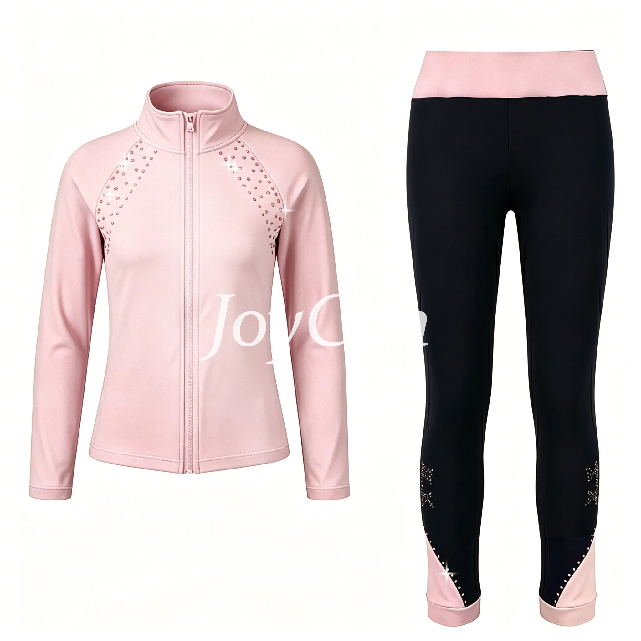 JoyCan Figure Skating Warm‑Up Set JB313 | Pink Rhinestone Zip‑Up Jacket & Black‑Pink Contrast Rhinestone Leggings Training Outfit for Girls and Women