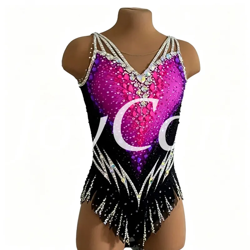 JoyCan Rhythmic Gymnastics Leotard JC1493 | Magenta‑Purple Gradient Multi‑Strap Rhinestone Competition Leotard for Girls & Women