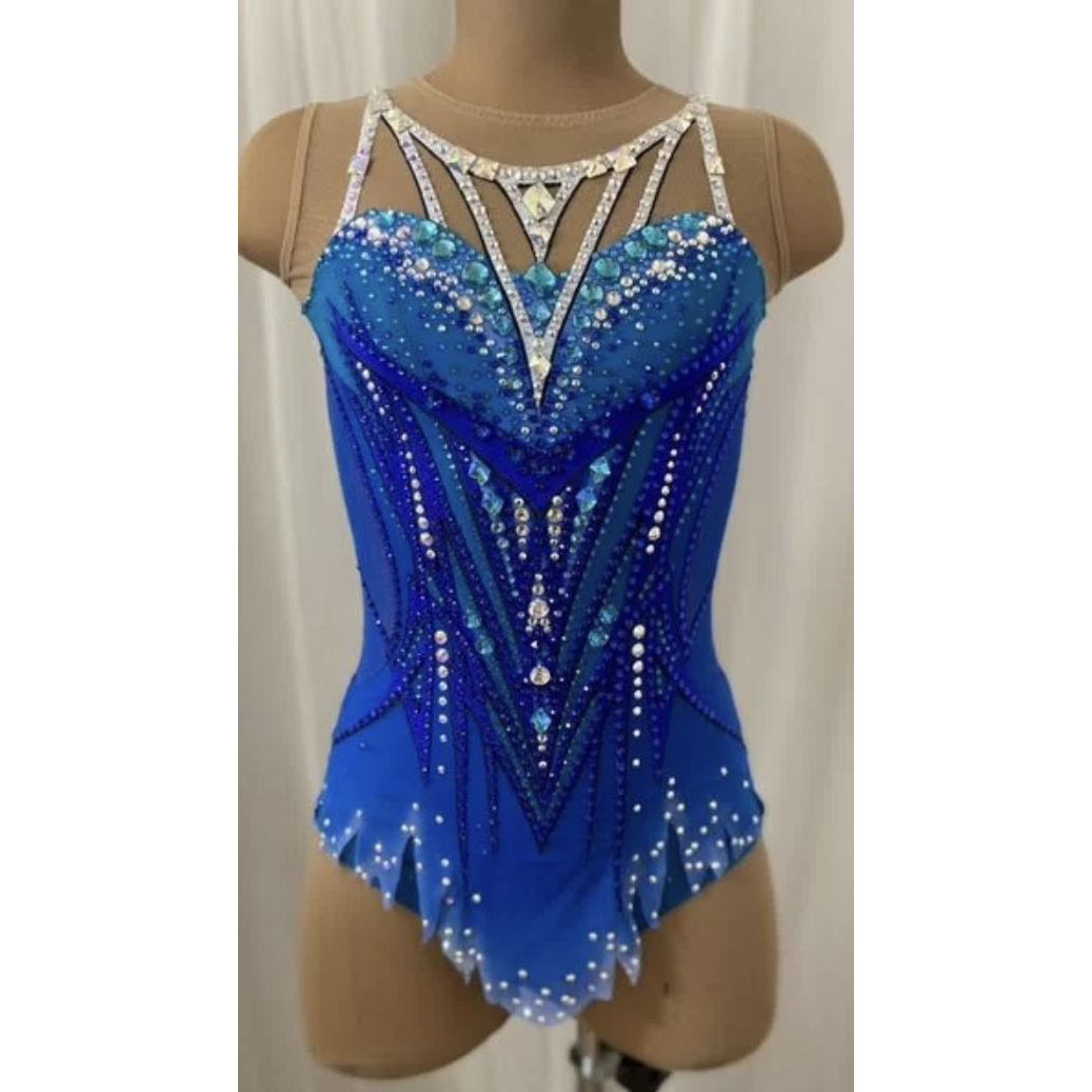JoyCan Rhythmic Gymnastics Leotard JC1499 | Royal Blue Multi‑Strap Rhinestone Competition Leotard for Girls & Women