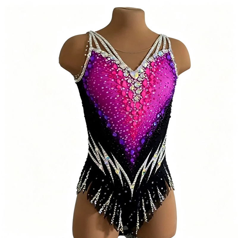 JoyCan Rhythmic Gymnastics Leotard JC1493 | Magenta‑Purple Gradient Multi‑Strap Rhinestone Competition Leotard for Girls & Women