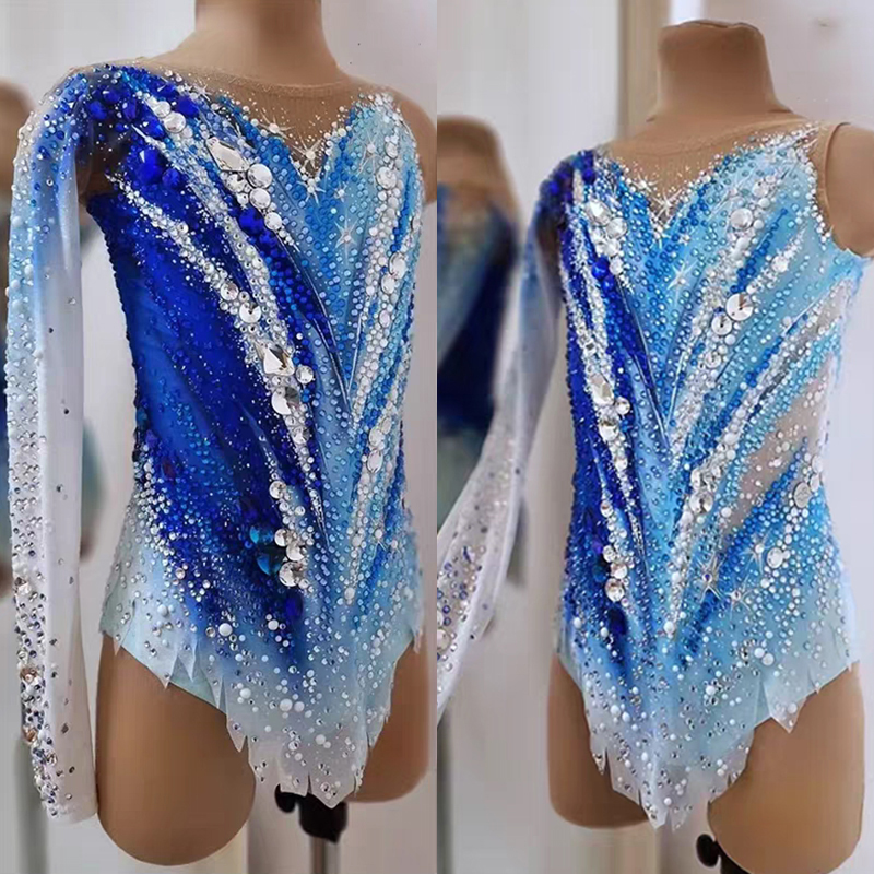  JoyCan Rhythmic Gymnastics Leotard JC920 | Blue‑White Ombre Asymmetrical Long‑Sleeve Rhinestone Competition Leotard for Girls & Women
