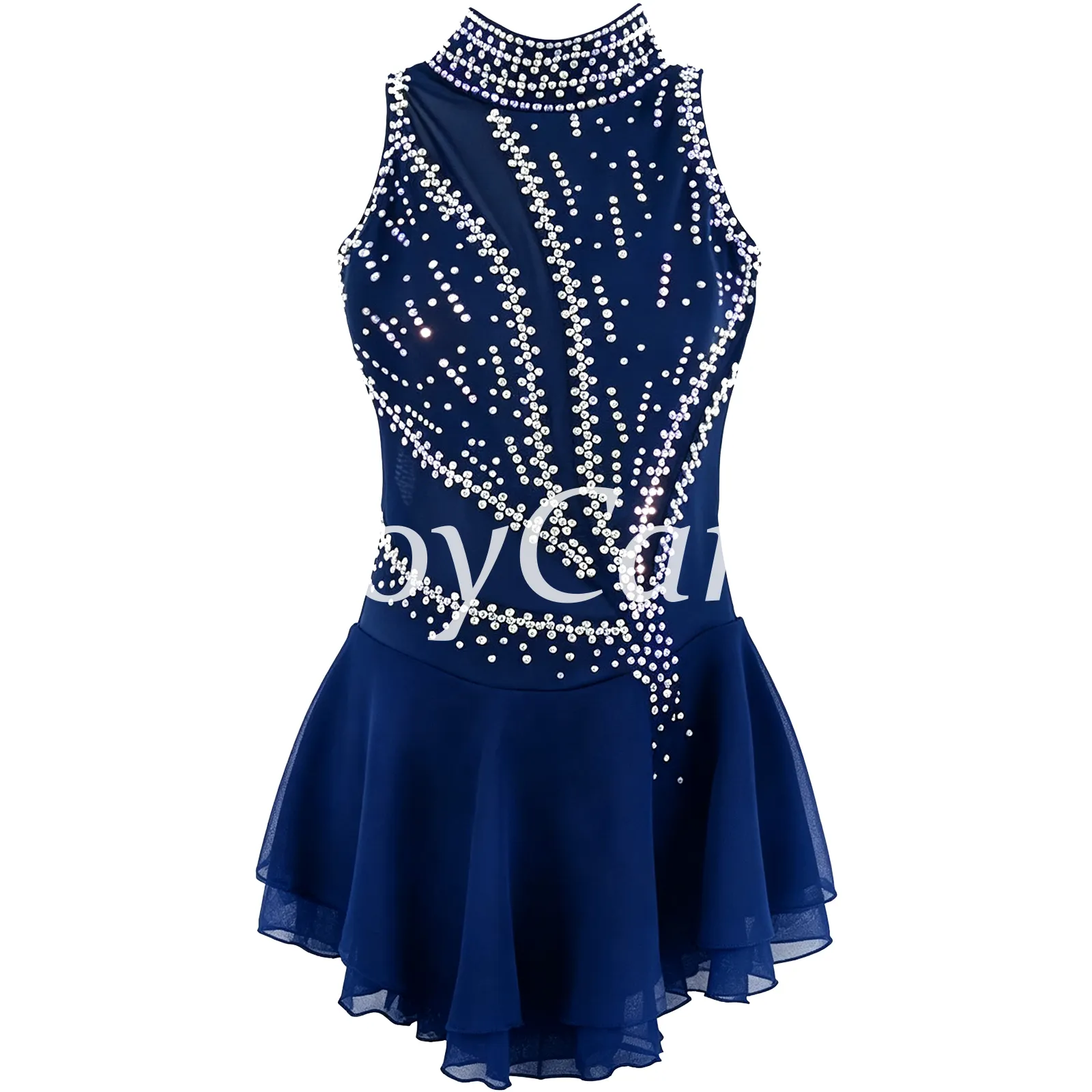 JoyCan Figure Skating Dress JSK132 | Navy High‑Neck Sleeveless Geometric Rhinestone Competition Ice Skating Costume for Girls and Women