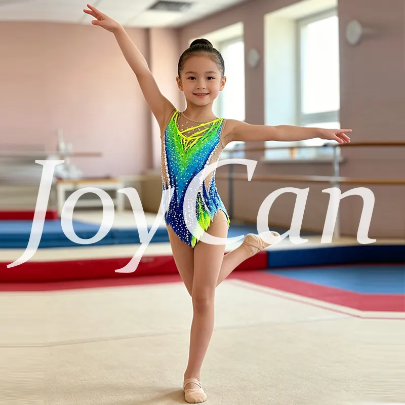  JoyCan Rhythmic Gymnastics Leotard JC1491 | Neon‑Green‑to‑Blue Gradient Rhinestone Competition Leotard for Girls & Women
