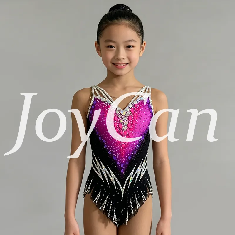 JoyCan Rhythmic Gymnastics Leotard JC1493 | Magenta‑Purple Gradient Multi‑Strap Rhinestone Competition Leotard for Girls & Women