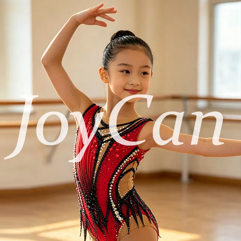 JoyCan Rhythmic Gymnastics Leotard JC1490 | Red‑Black Pleated Rhinestone Competition Leotard for Girls & Women