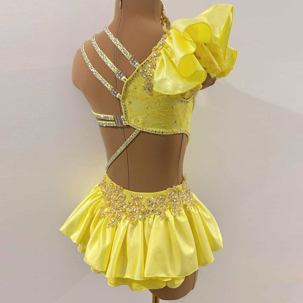 JoyCan Lyrical Dance Costume JC1640 | Bright Yellow Lace Rhinestone Competition Leotard for Girls & Women