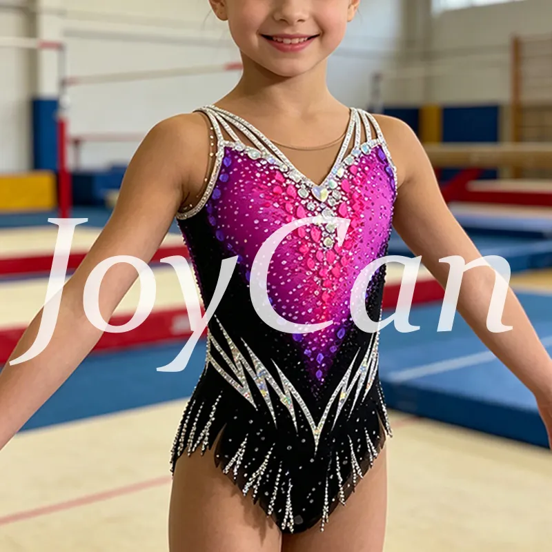 JoyCan Rhythmic Gymnastics Leotard JC1493 | Magenta‑Purple Gradient Multi‑Strap Rhinestone Competition Leotard for Girls & Women
