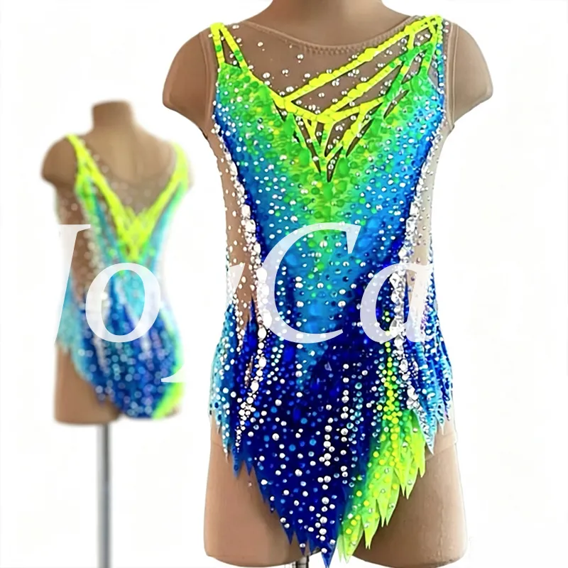  JoyCan Rhythmic Gymnastics Leotard JC1491 | Neon‑Green‑to‑Blue Gradient Rhinestone Competition Leotard for Girls & Women