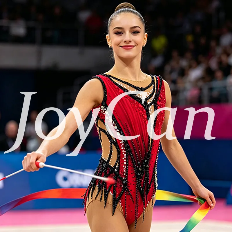 JoyCan Rhythmic Gymnastics Leotard JC1490 | Red‑Black Pleated Rhinestone Competition Leotard for Girls & Women