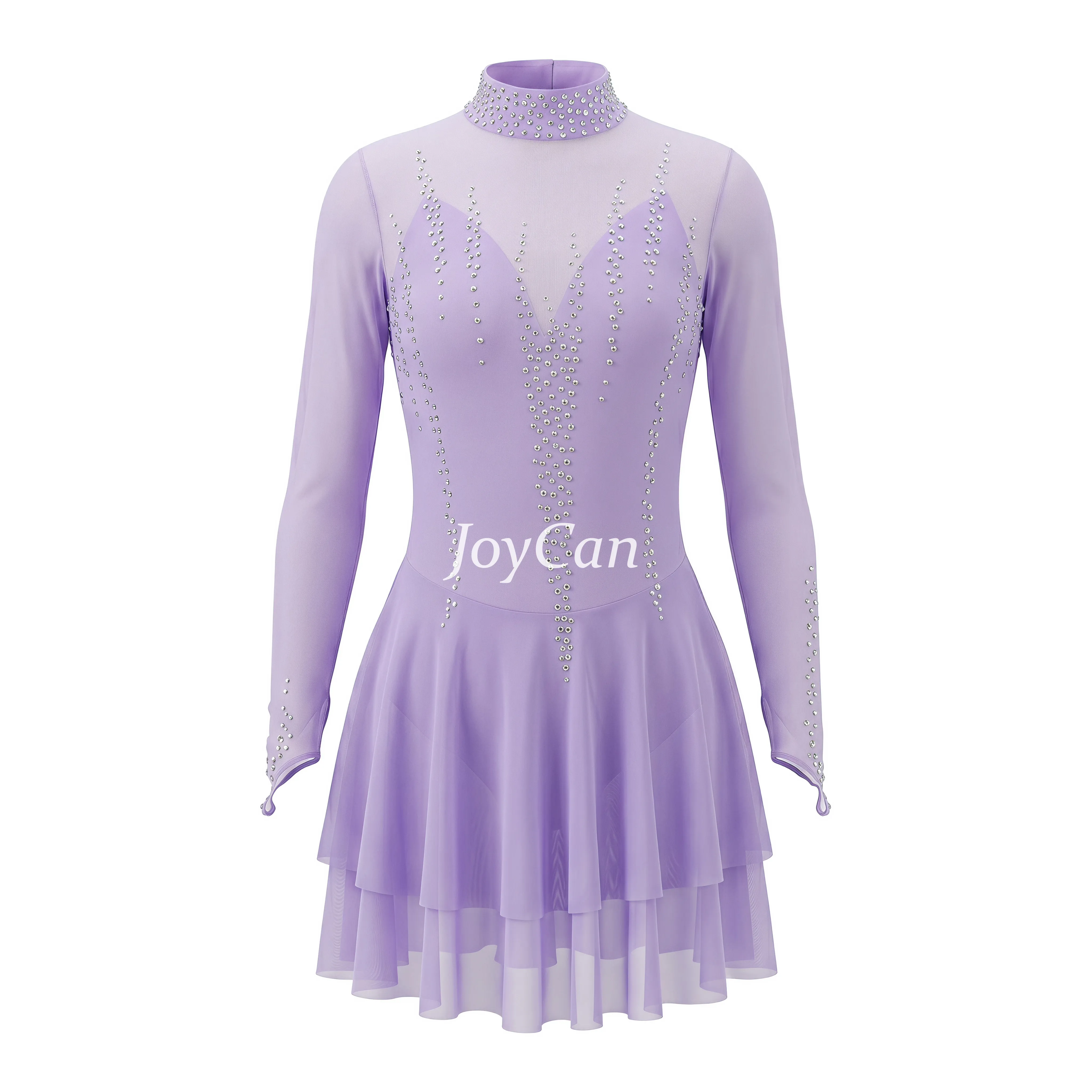 JoyCan Figure Skating Dress JC916 | Pink‑Magenta Gradient Long‑Sleeve Draped V‑Neck Rhinestone Competition Ice Skating Costume for Girls and Women
