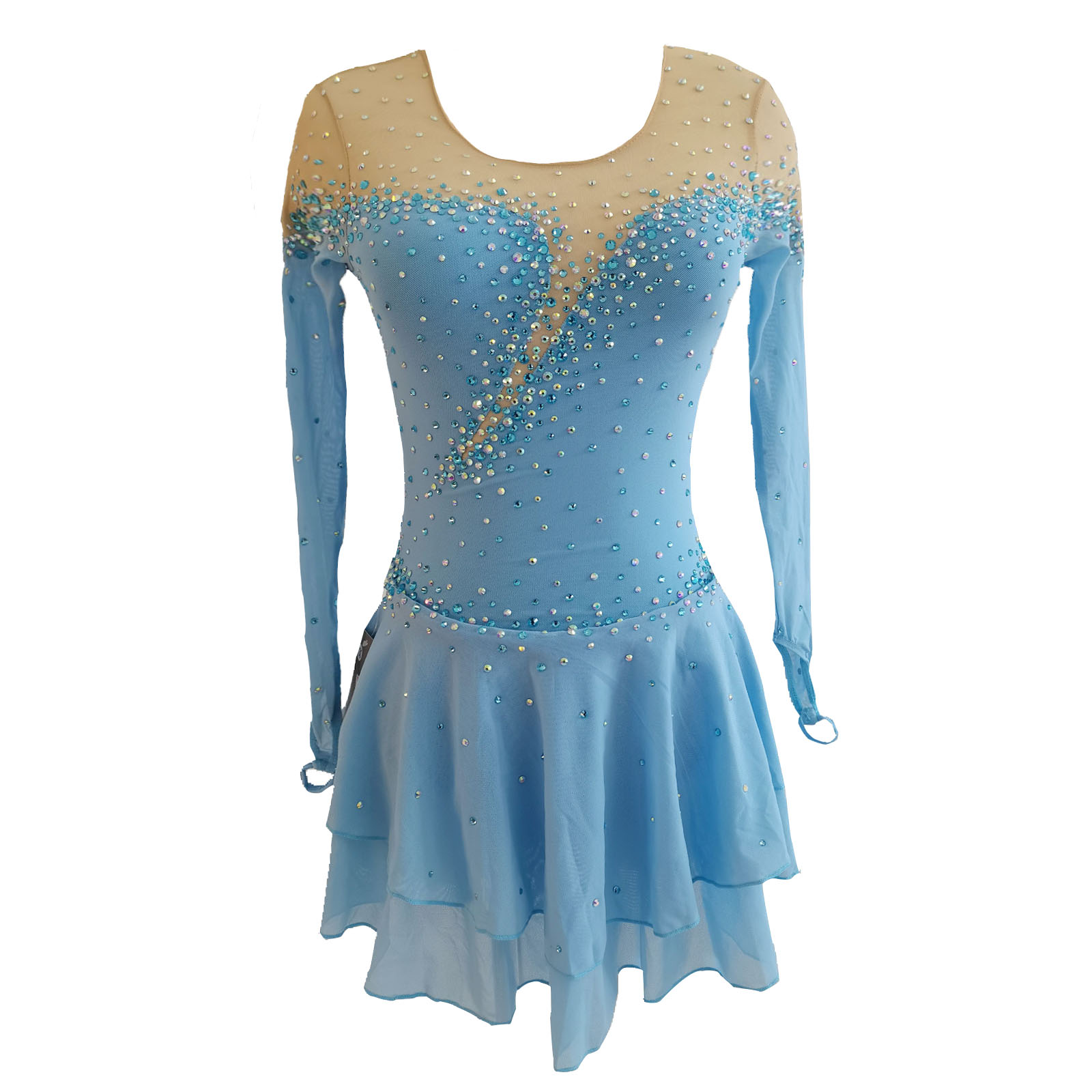 JoyCan Figure Skating Dress JSK241 | Light Blue Long‑Sleeve Sheer Mesh Neck Diagonal Rhinestone Competition Ice Skating Costume for Girls and Women