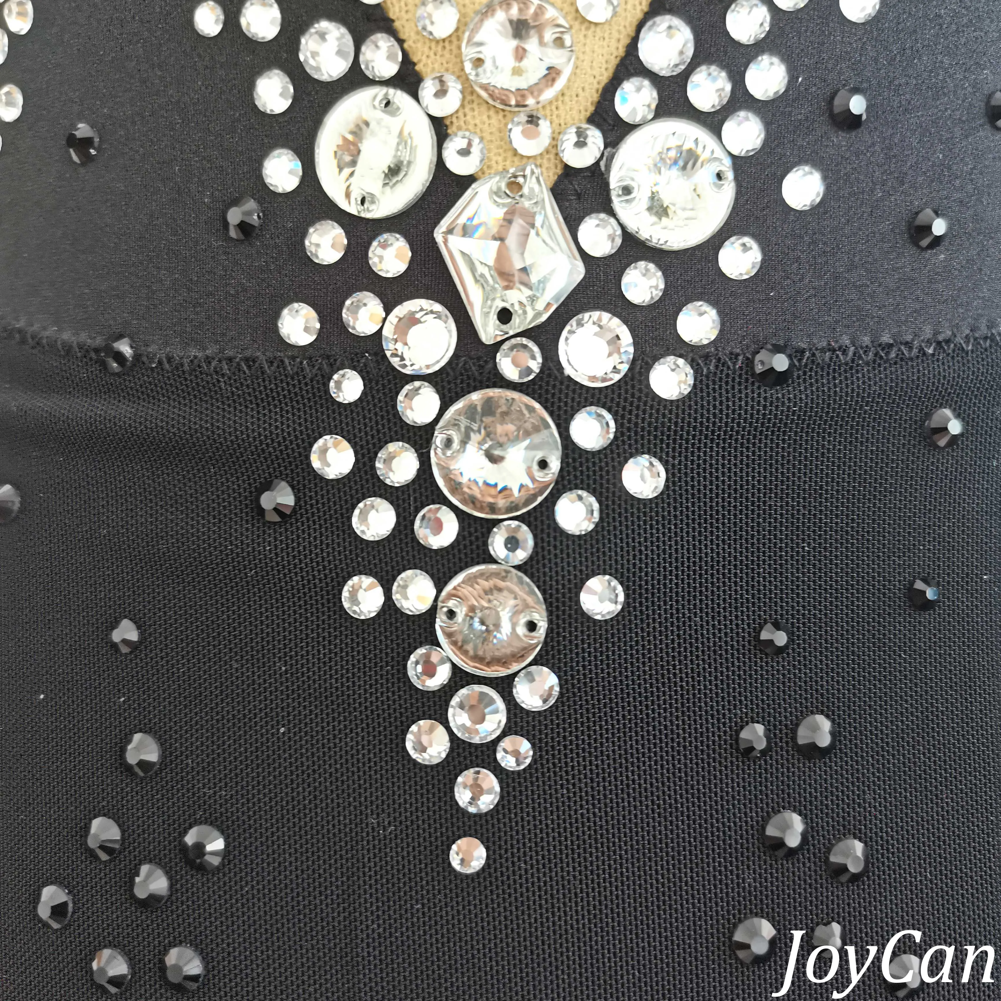 JoyCan Rhythmic Gymnastics Leotards BD3411 | Elegant Black White Crystal Competition Gymnastics Costume with Short Sleeves for Girls and Women