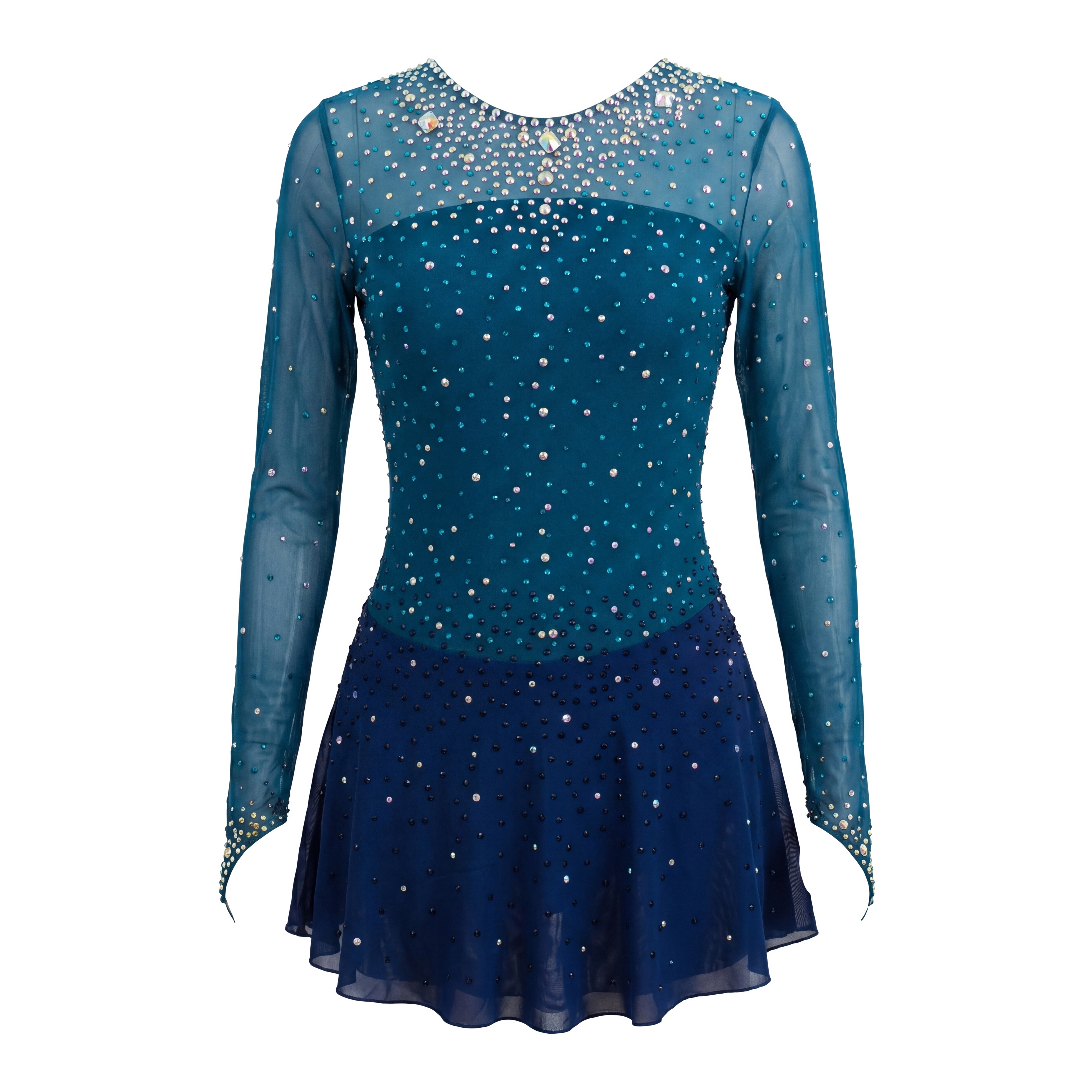 JoyCan Figure Skating Dress JC479 | Teal‑to‑Navy Ombre Full‑Rhinestone Long‑Sleeve Competition Ice Skating Costume for Girls and Women