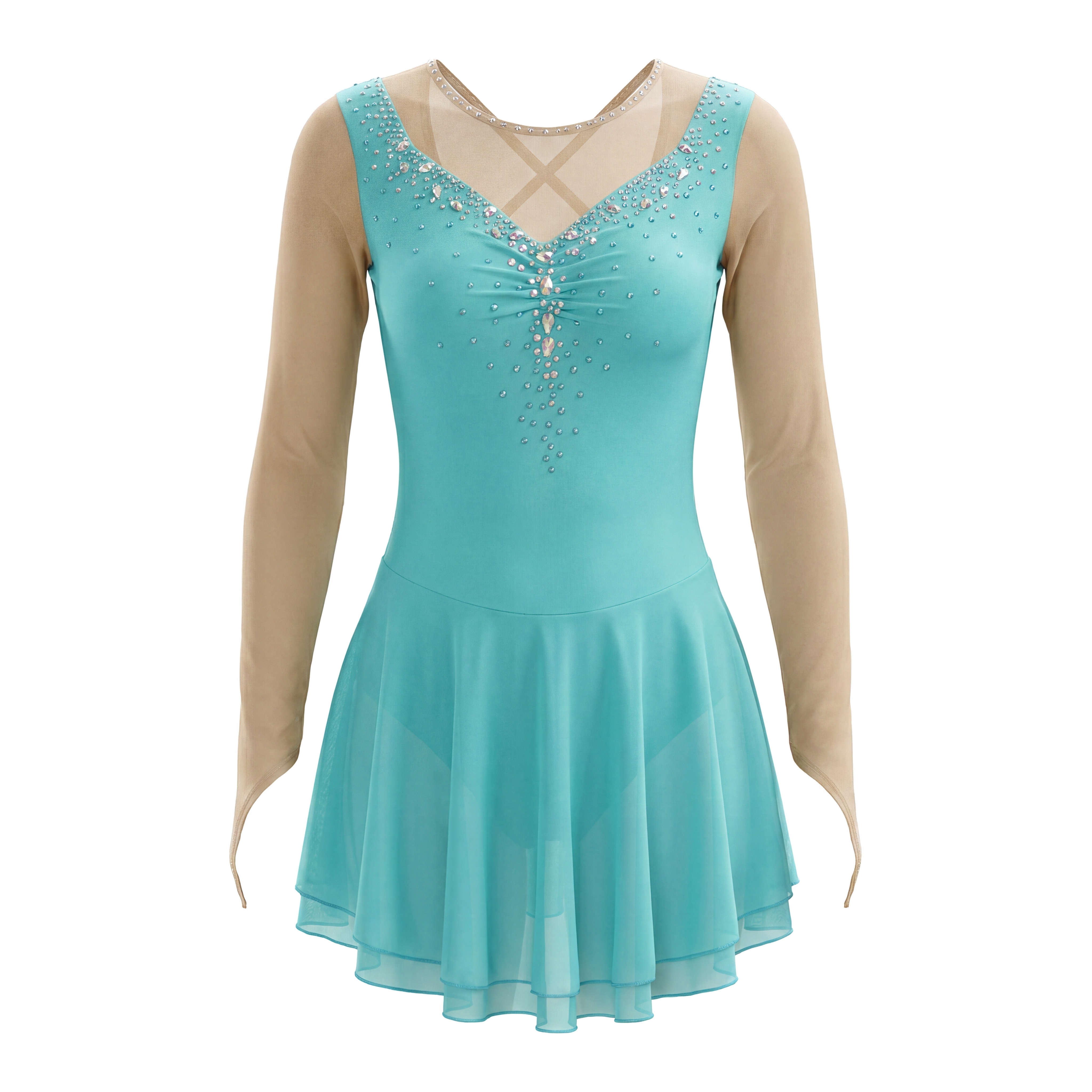 JoyCan Figure Skating Dress BD9061 | Turquoise Ruched‑Front Rhinestone Competition Ice Skating Costume for Girls and Women