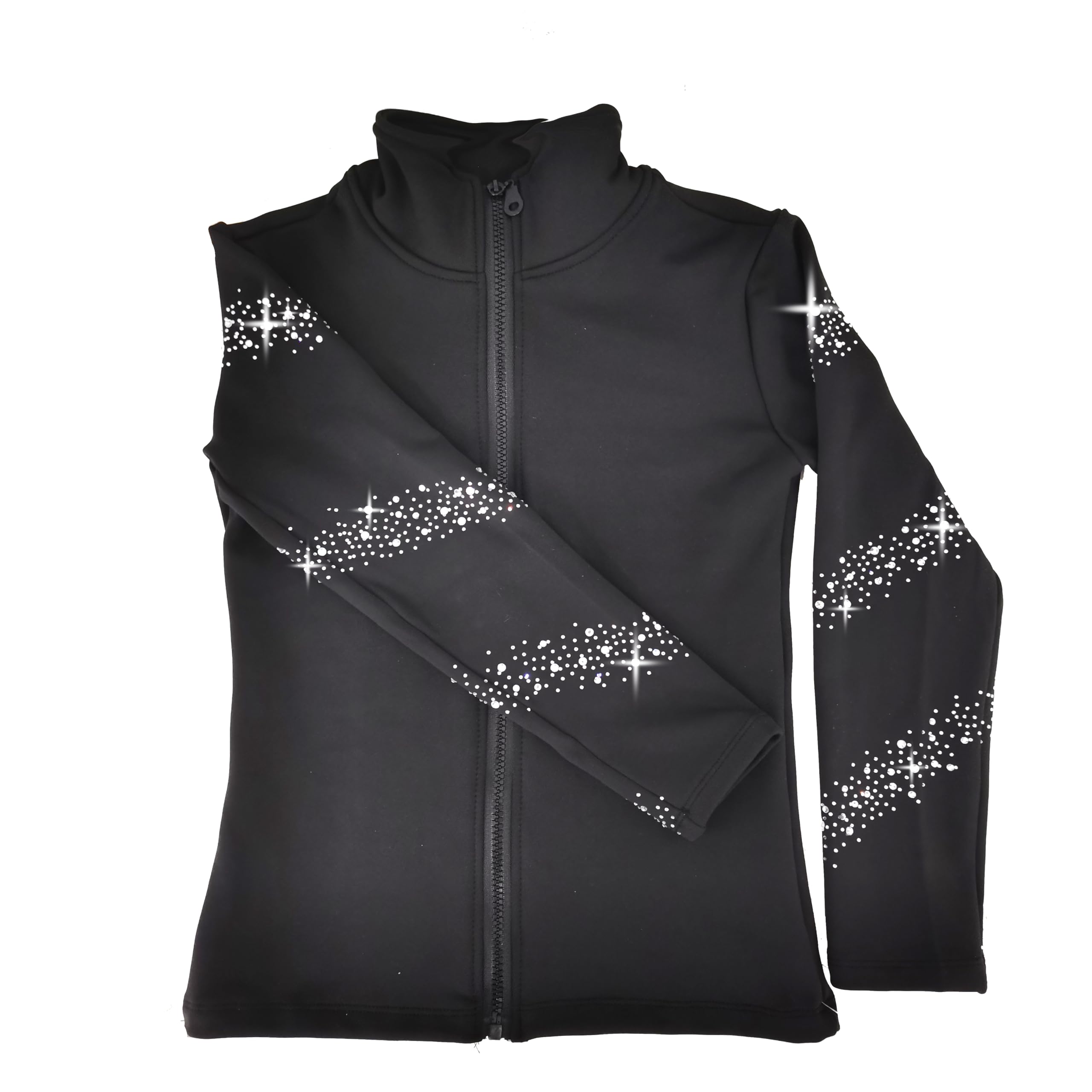 JoyCan Figure Skating Warm‑Up Jacket JB228 | Black Full‑Zip Stand Collar Diagonal Rhinestone Streak Ice Skate Training Jacket for Girls and Women