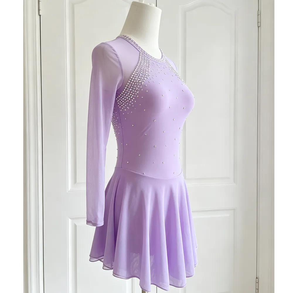 JoyCan Figure Skating Dress BD3542 | Elegant Lavender Crystal Long‑Sleeve Competition Ice Skating Costume for Girls and Women
