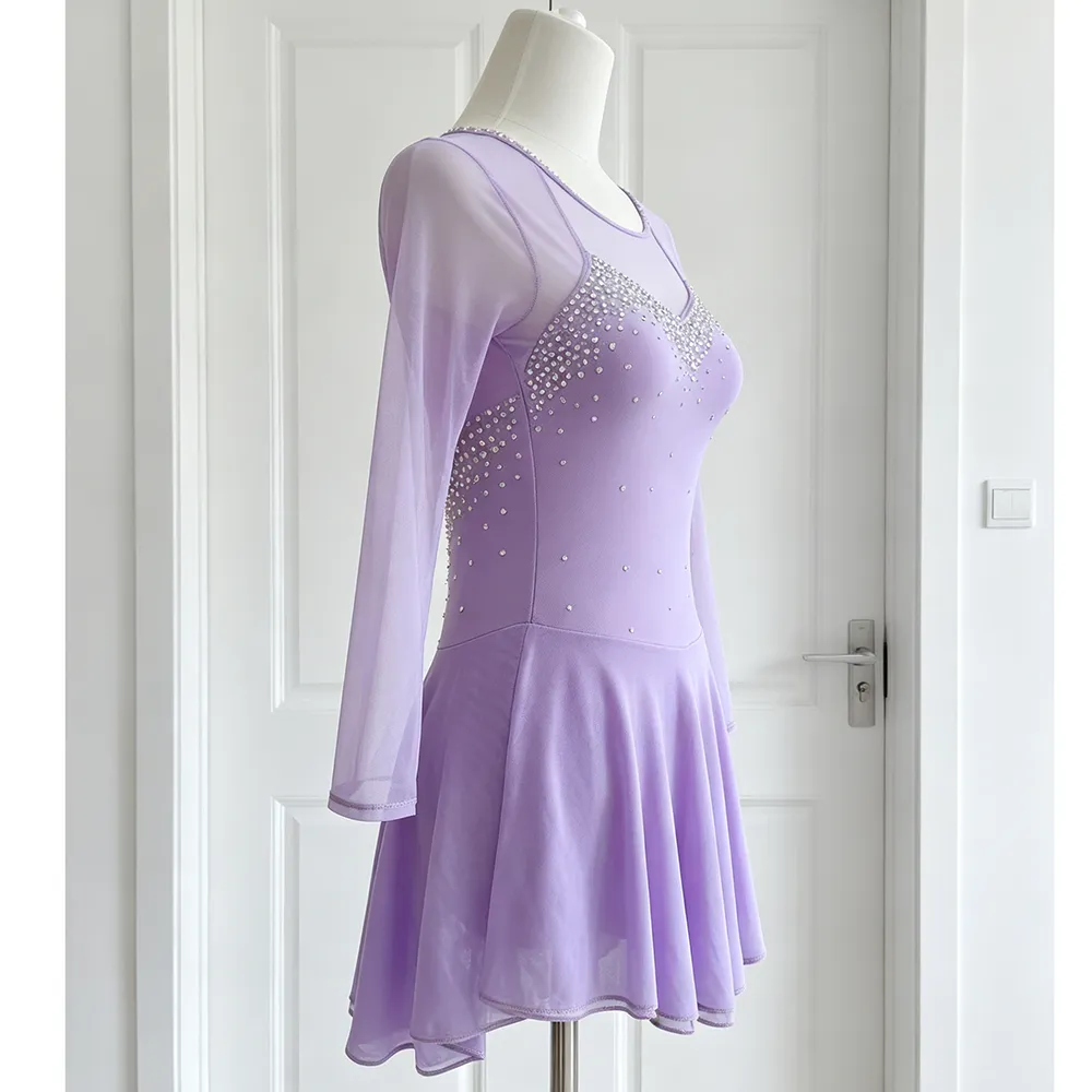 JoyCan Figure Skating Dress BD3542 | Elegant Lavender Crystal Long‑Sleeve Competition Ice Skating Costume for Girls and Women