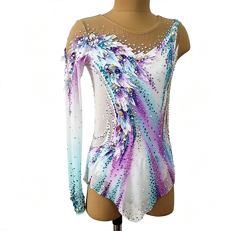 JoyCan Rhythmic Gymnastics Leotard JC1492 | Pastel Rainbow Gradient 3D‑Floral Asymmetrical Long‑Sleeve Competition Leotard for Girls & Women
