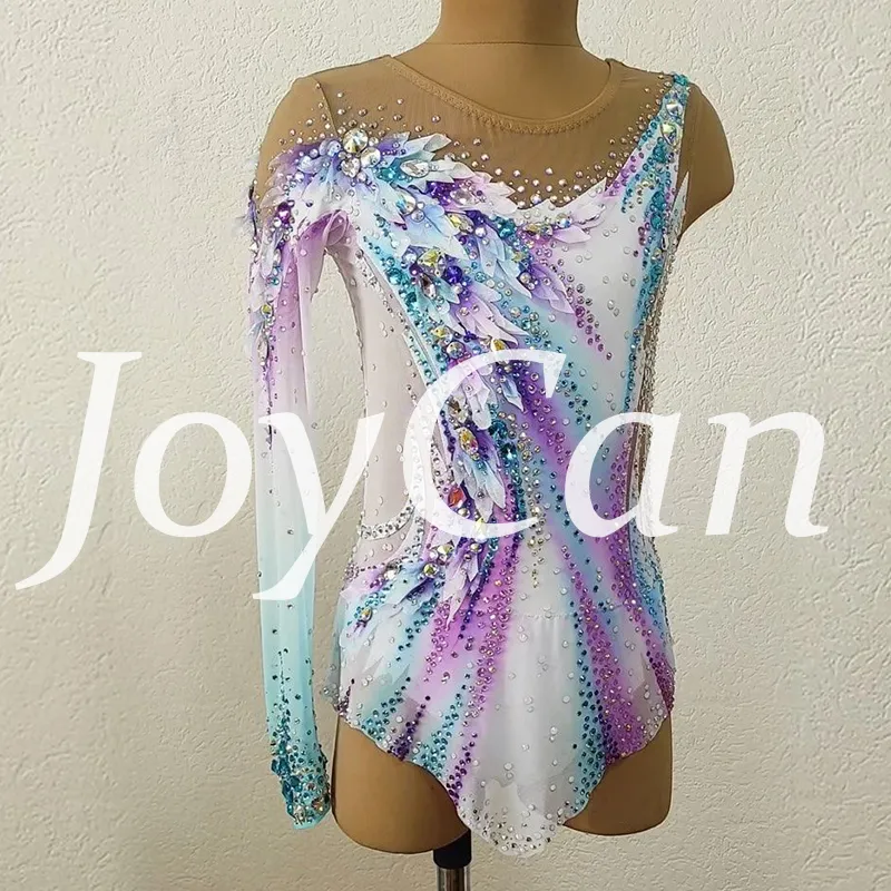 JoyCan Rhythmic Gymnastics Leotard JC1492 | Pastel Rainbow Gradient 3D‑Floral Asymmetrical Long‑Sleeve Competition Leotard for Girls & Women