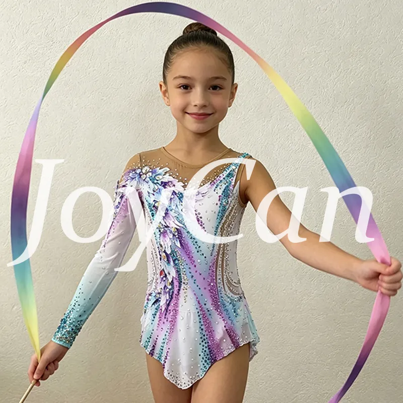 JoyCan Rhythmic Gymnastics Leotard JC1492 | Pastel Rainbow Gradient 3D‑Floral Asymmetrical Long‑Sleeve Competition Leotard for Girls & Women