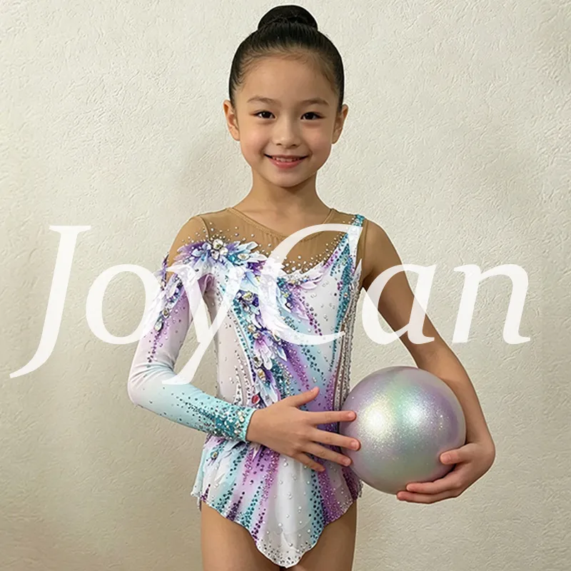 JoyCan Rhythmic Gymnastics Leotard JC1492 | Pastel Rainbow Gradient 3D‑Floral Asymmetrical Long‑Sleeve Competition Leotard for Girls & Women