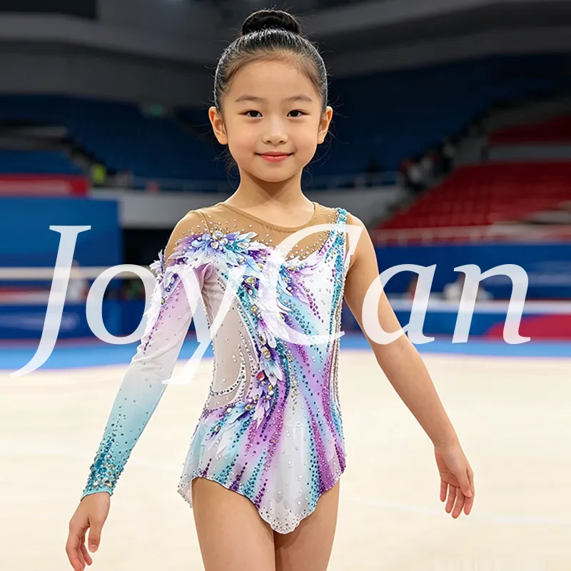 JoyCan Rhythmic Gymnastics Leotard JC1492 | Pastel Rainbow Gradient 3D‑Floral Asymmetrical Long‑Sleeve Competition Leotard for Girls & Women