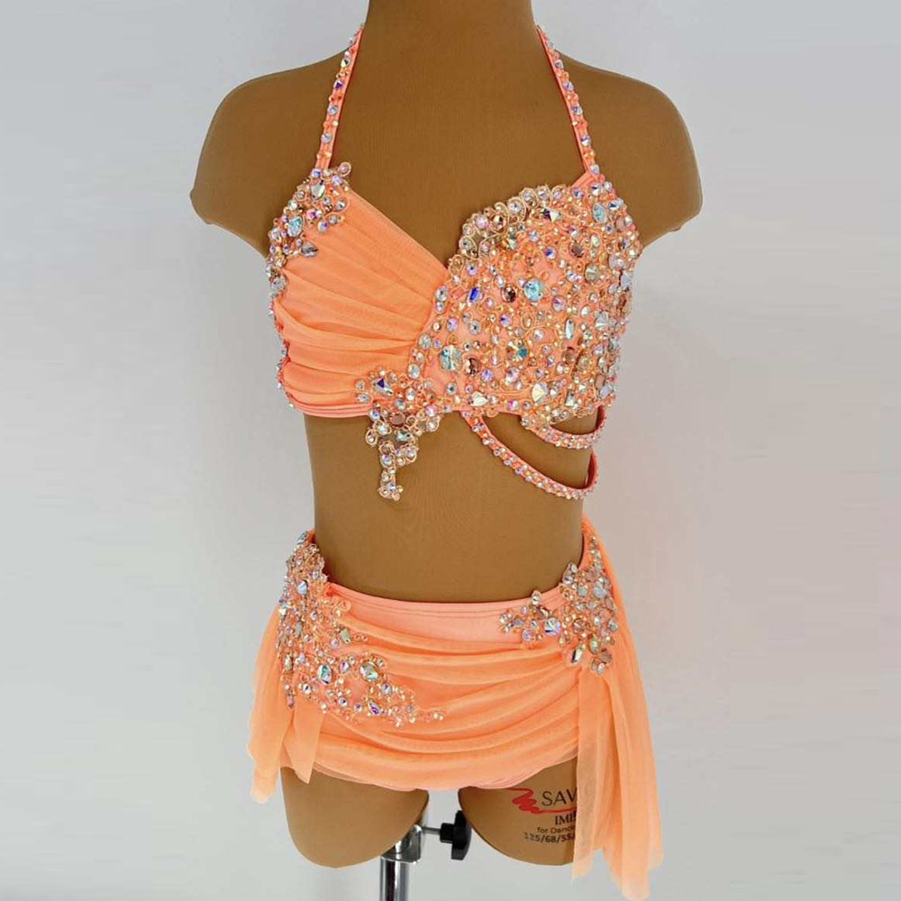 JoyCan Lyrical Dance Outfit JC1639 | Peach Rhinestone Two‑Piece Lyrical Competition Costume for Girls & Women