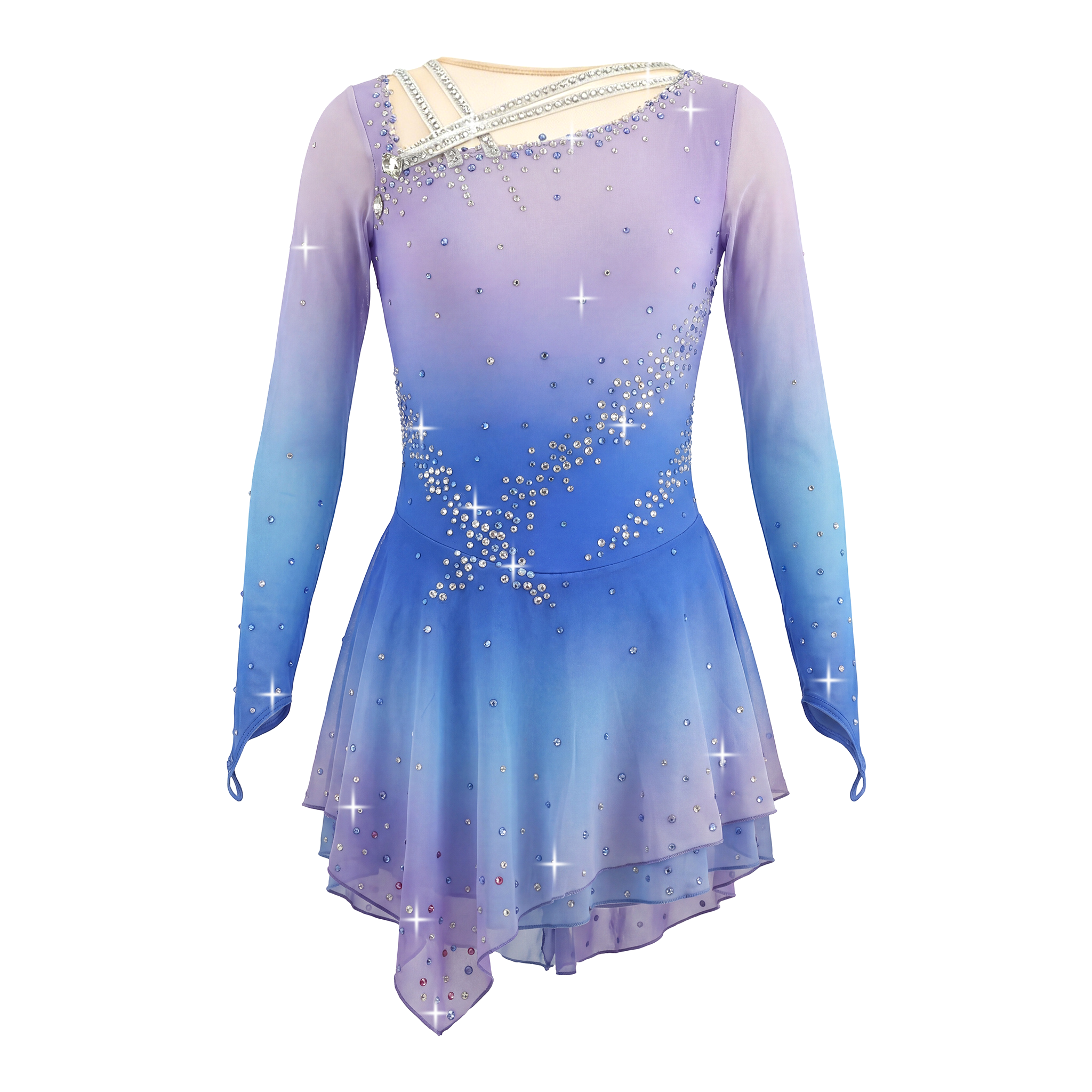 JoyCan Figure Skating Dress JSK164 | Cream‑to‑Sunset‑Orange Ombre Criss‑Cross Shoulder Rhinestone Long‑Sleeve Competition Ice Skating Costume for Girls and Women