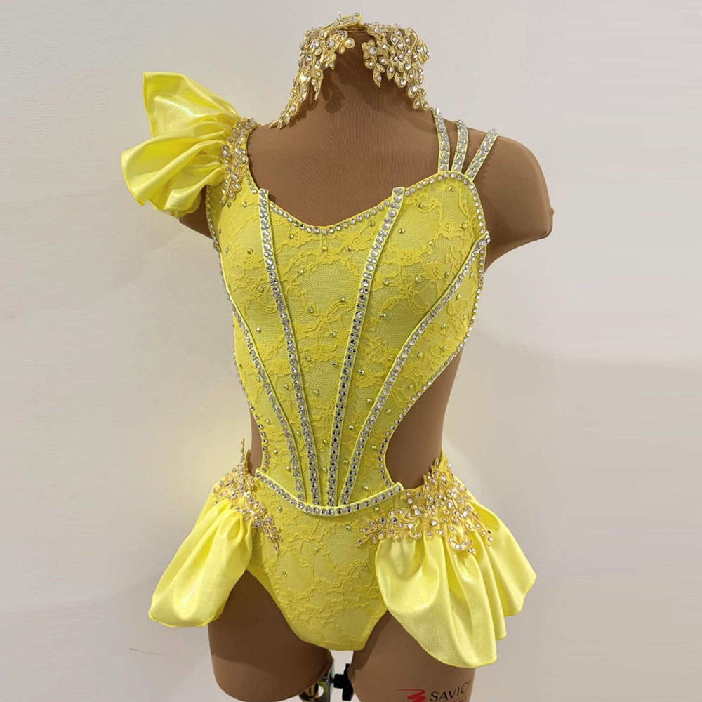 JoyCan Lyrical Dance Costume JC1640 | Bright Yellow Lace Rhinestone Competition Leotard for Girls & Women