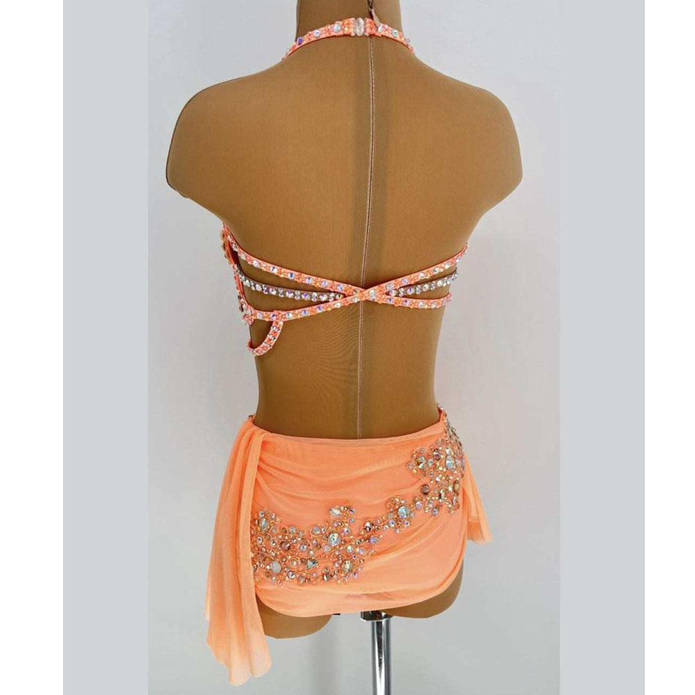JoyCan Lyrical Dance Outfit JC1639 | Peach Rhinestone Two‑Piece Lyrical Competition Costume for Girls & Women