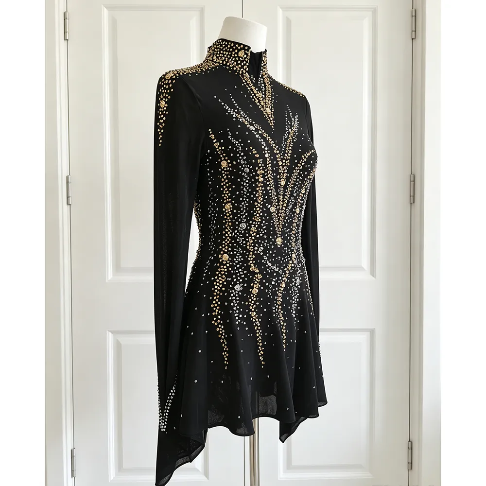 JoyCan Figure Skating Dress BD1645 | Striking Black‑Gold Crystal High‑Neck Long‑Sleeve Competition Ice Skating Costume for Girls and Women