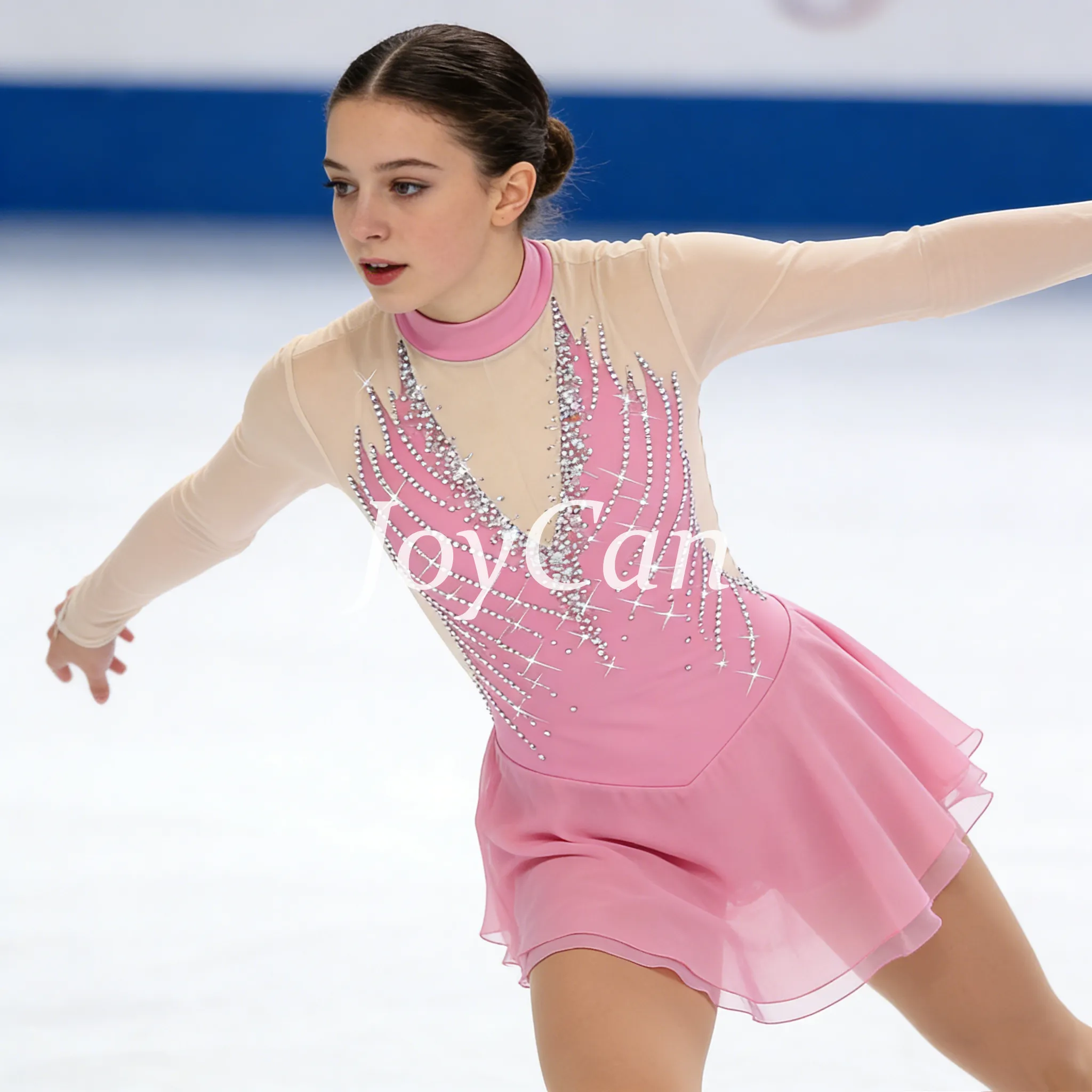 JoyCan Figure Skating Dress BD9060 | Light Blue High‑Neck Rhinestone Competition Ice Skating Costume for Girls and Women