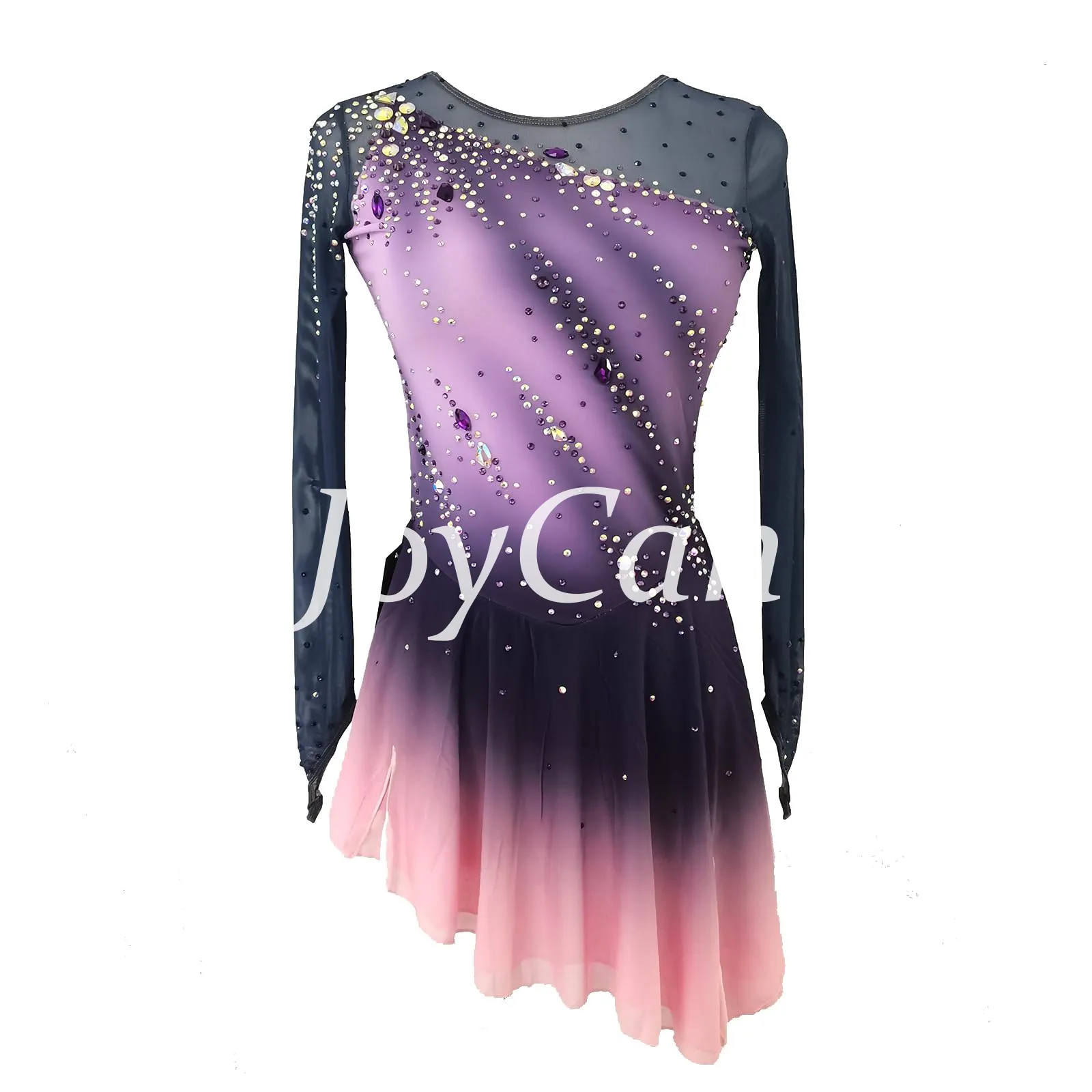 JoyCan Figure Skating Dress BD7102 | Purple‑to‑Pink Ombre Asymmetrical Rhinestone Competition Ice Skating Costume for Girls and Women