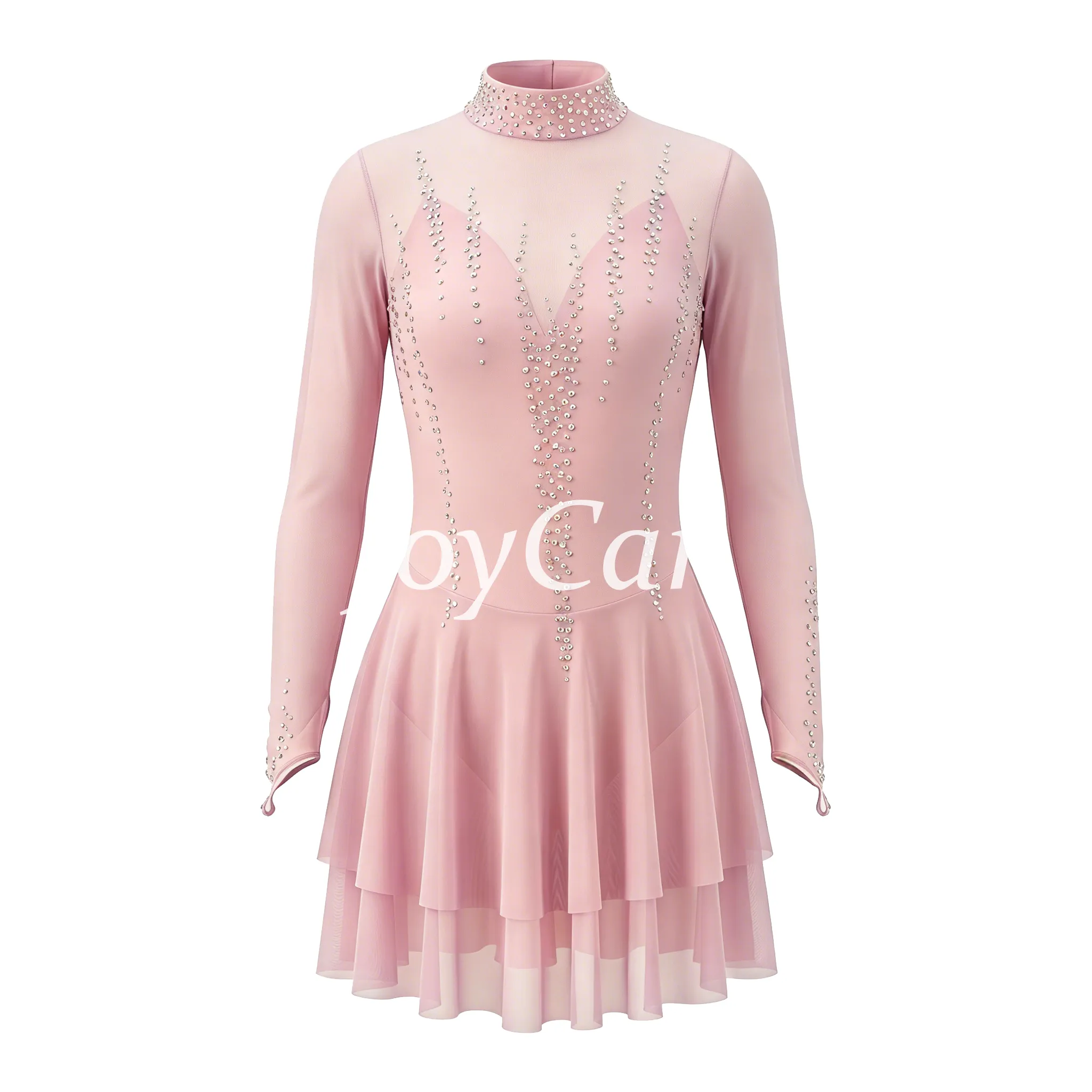 JoyCan Figure Skating Dress JC916 | Pink‑Magenta Gradient Long‑Sleeve Draped V‑Neck Rhinestone Competition Ice Skating Costume for Girls and Women