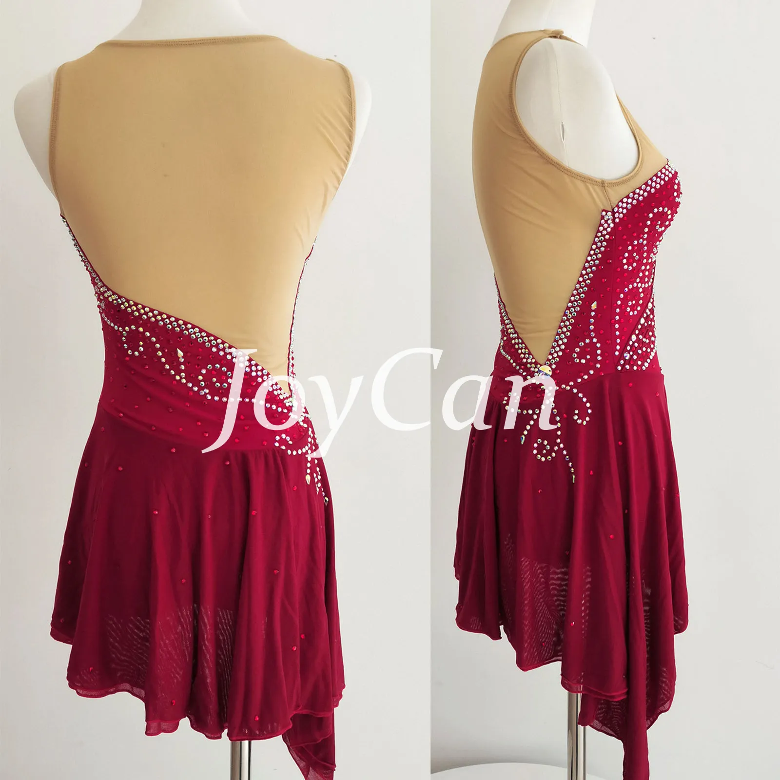 JoyCan Figure Skating Dress JC747 | Burgundy Asymmetrical Draped Sleeveless Scroll‑Rhinestone Competition Ice Skating Costume for Girls and Women