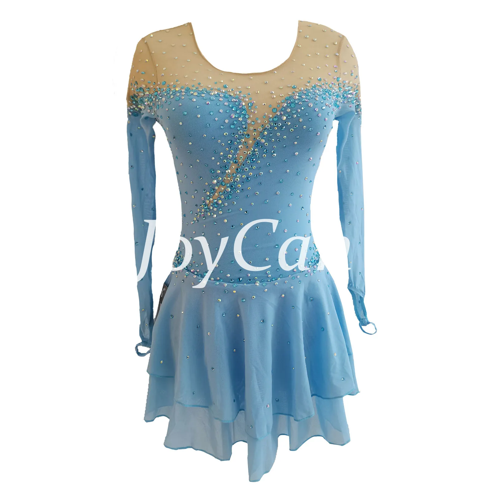 JoyCan Figure Skating Dress JSK241 | Light Blue Long‑Sleeve Sheer Mesh Neck Diagonal Rhinestone Competition Ice Skating Costume for Girls and Women