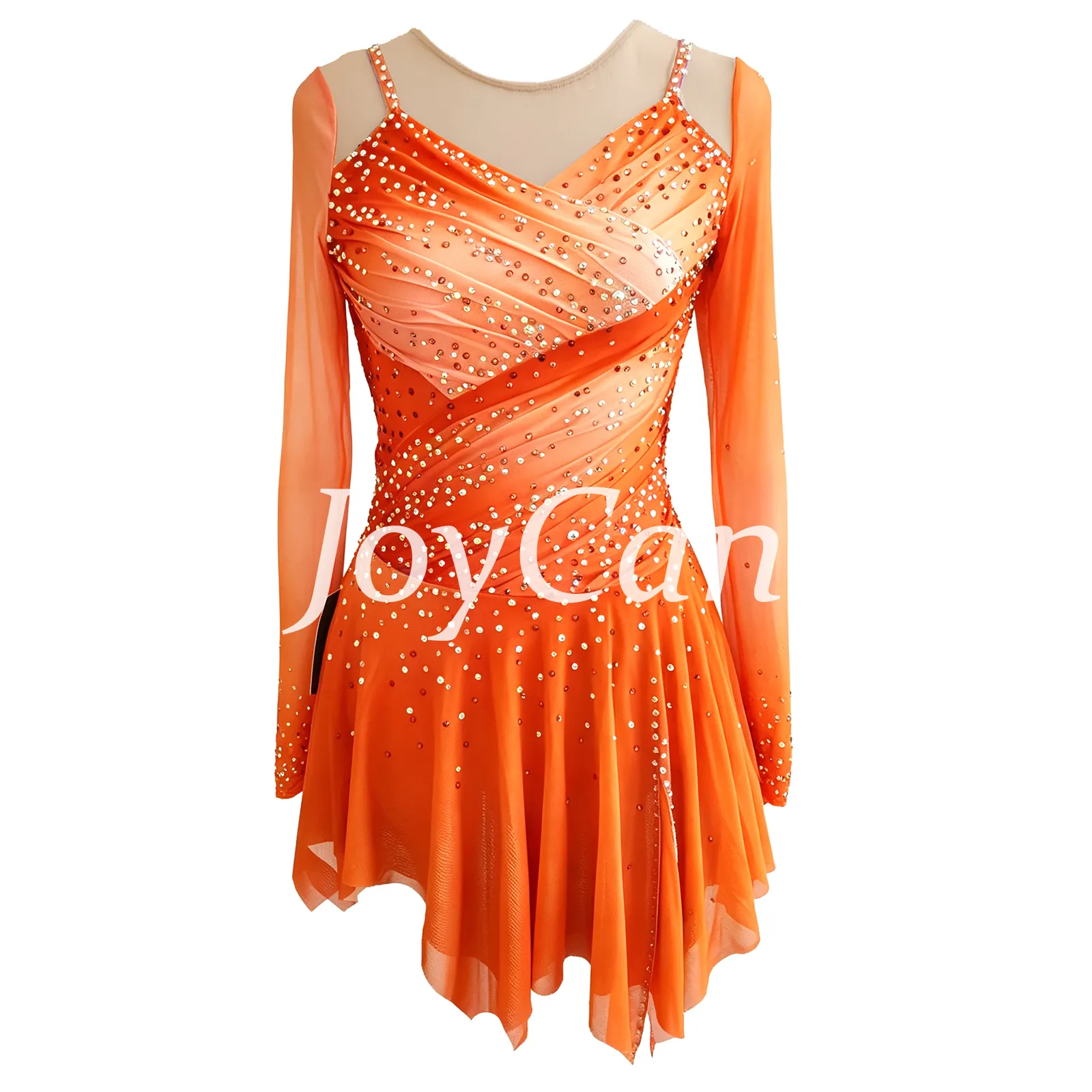 JoyCan Figure Skating Dress JC916 | Pink‑Magenta Gradient Long‑Sleeve Draped V‑Neck Rhinestone Competition Ice Skating Costume for Girls and Women