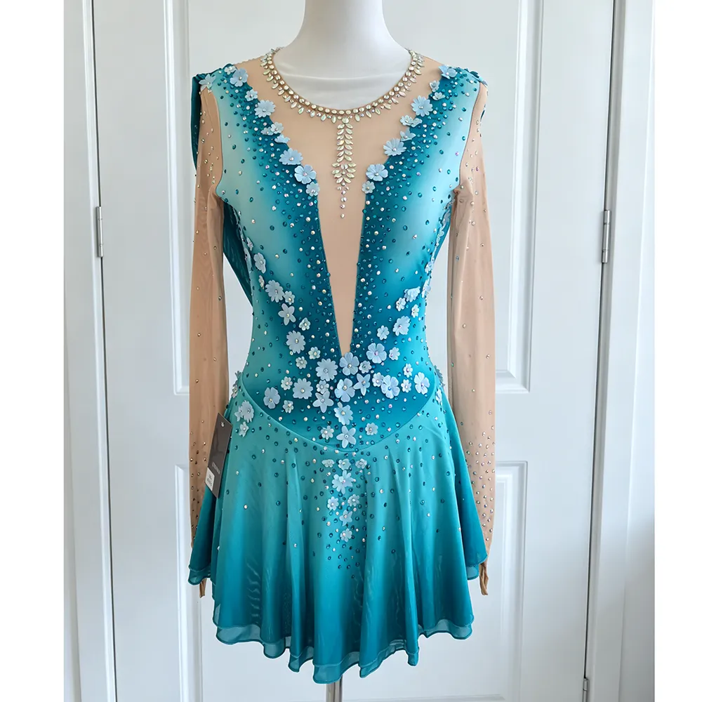 JoyCan Figure Skating Dress BD7053 | Teal‑Gradient 3D‑Floral Illusion‑Neck Long‑Sleeve Competition Ice Skating Costume for Girls and Women