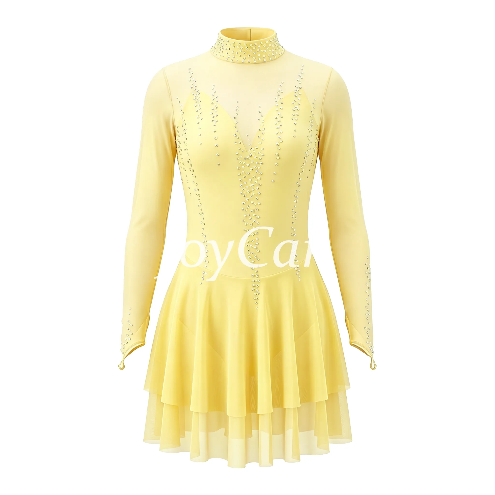 JoyCan Figure Skating Dress JC916 | Pink‑Magenta Gradient Long‑Sleeve Draped V‑Neck Rhinestone Competition Ice Skating Costume for Girls and Women