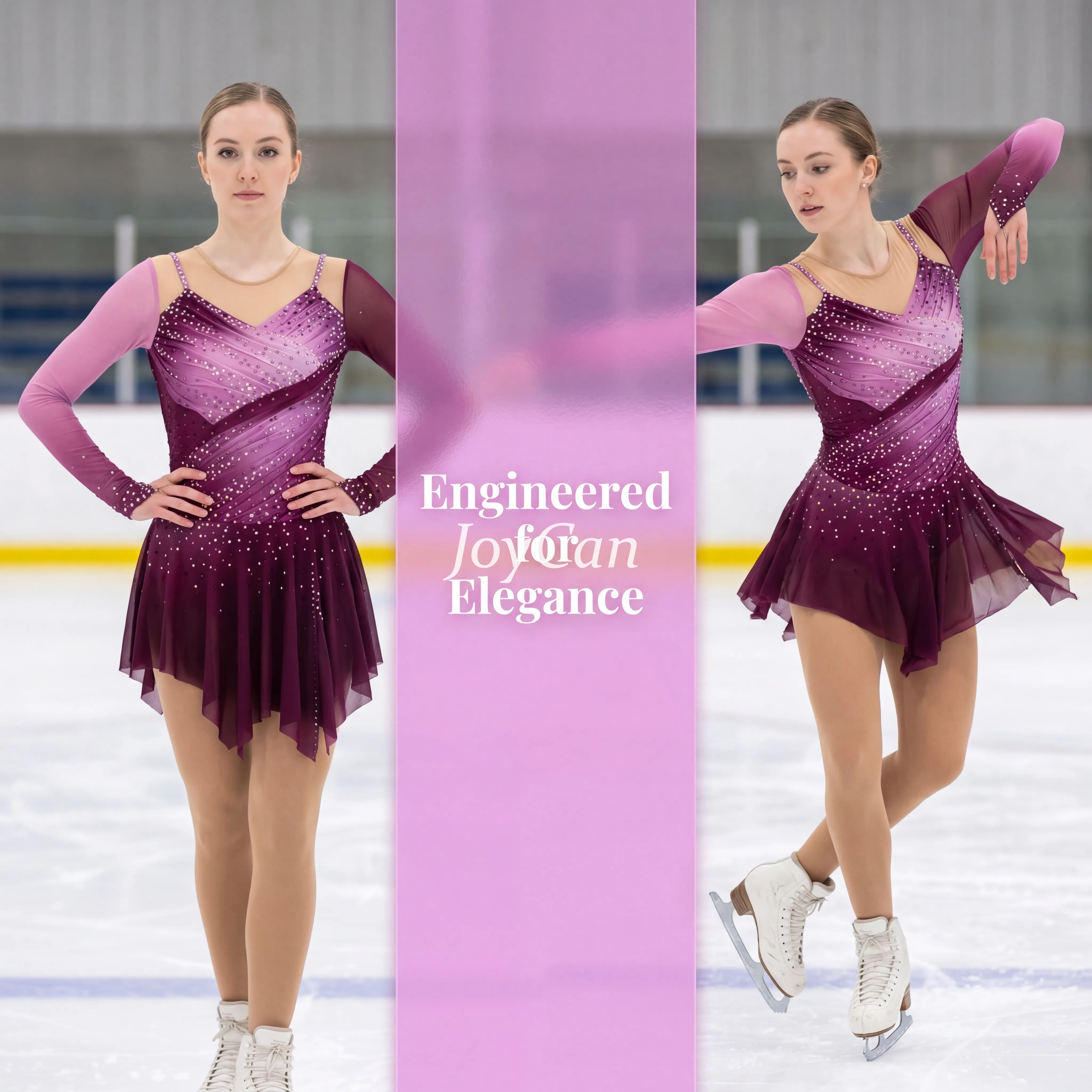 JoyCan Figure Skating Dress JC916 | Pink‑Magenta Gradient Long‑Sleeve Draped V‑Neck Rhinestone Competition Ice Skating Costume for Girls and Women