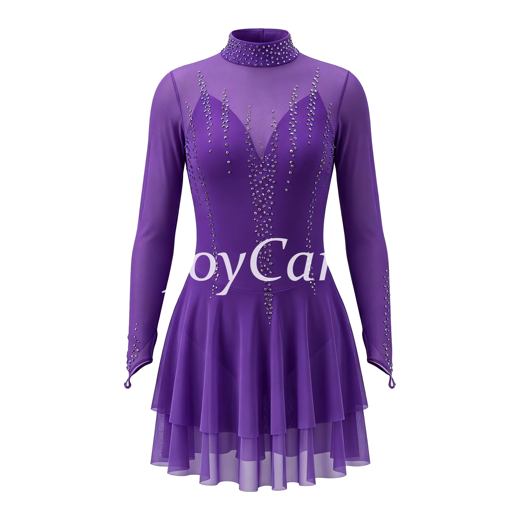 JoyCan Figure Skating Dress JC916 | Pink‑Magenta Gradient Long‑Sleeve Draped V‑Neck Rhinestone Competition Ice Skating Costume for Girls and Women
