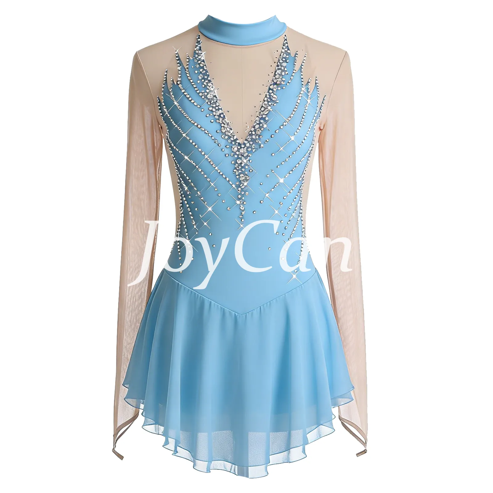JoyCan Figure Skating Dress BD9060 | Light Blue High‑Neck Rhinestone Competition Ice Skating Costume for Girls and Women