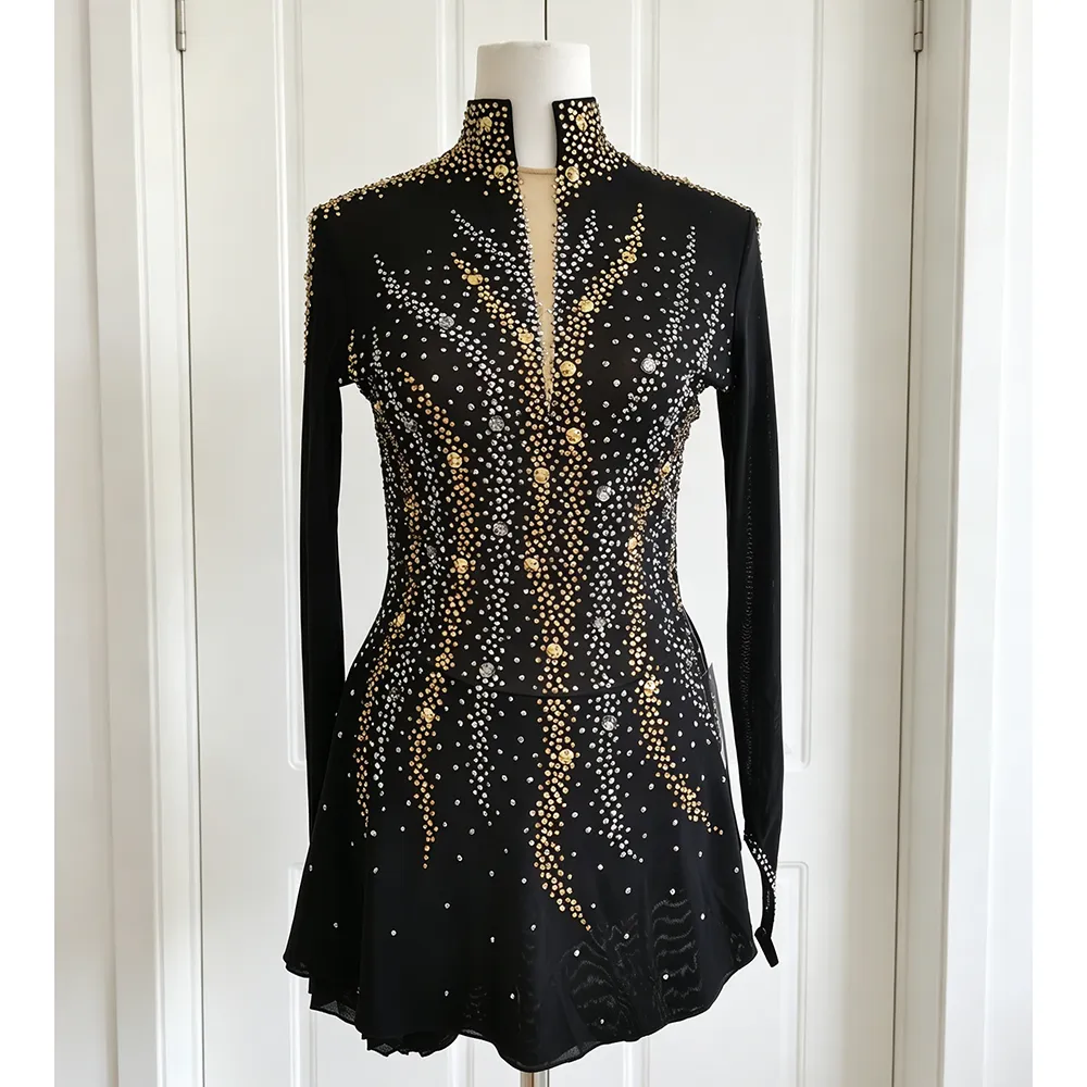 JoyCan Figure Skating Dress BD1645 | Striking Black‑Gold Crystal High‑Neck Long‑Sleeve Competition Ice Skating Costume for Girls and Women