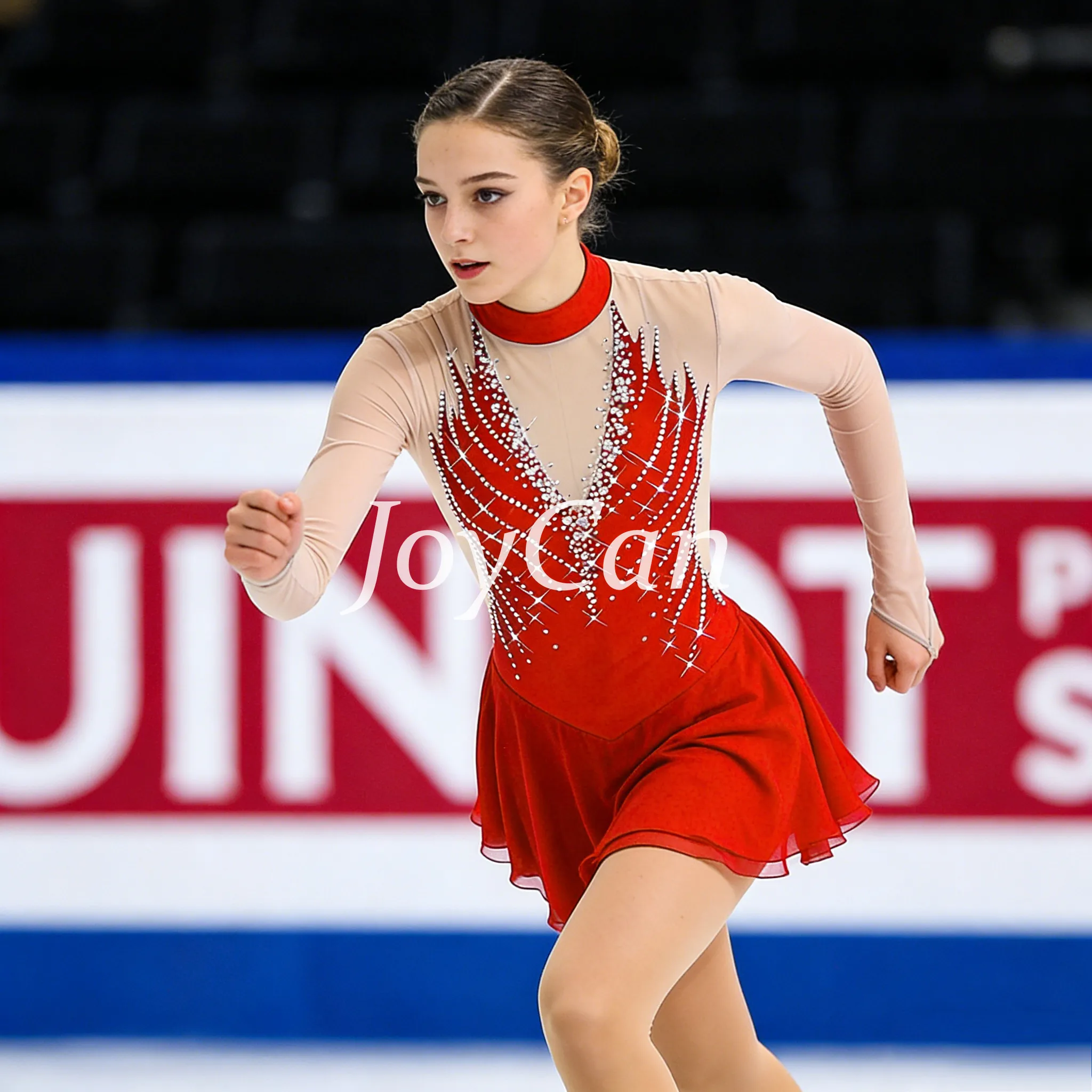 JoyCan Figure Skating Dress BD9060 | Light Blue High‑Neck Rhinestone Competition Ice Skating Costume for Girls and Women