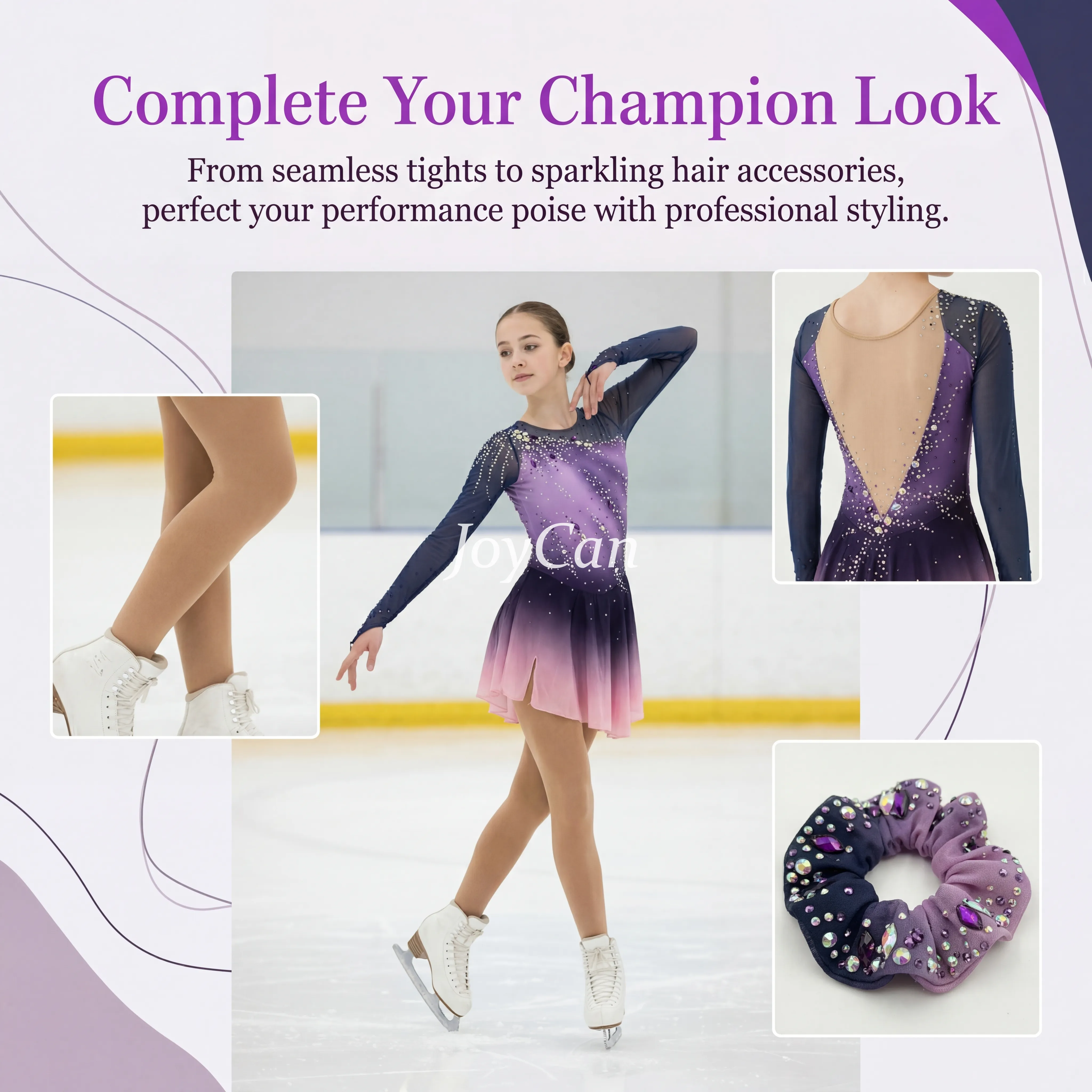 JoyCan Figure Skating Dress BD7102 | Purple‑to‑Pink Ombre Asymmetrical Rhinestone Competition Ice Skating Costume for Girls and Women
