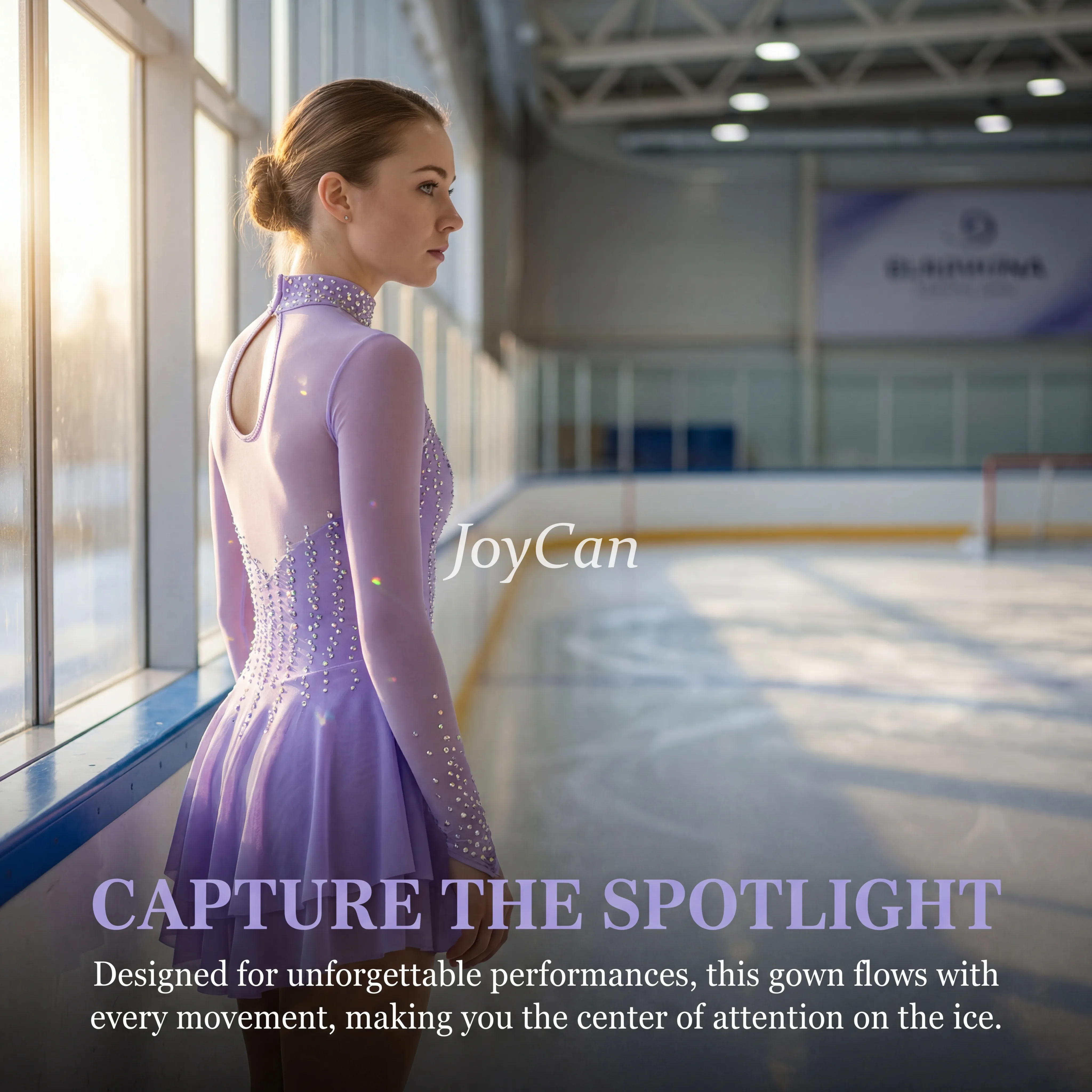 JoyCan Figure Skating Dress JC916 | Pink‑Magenta Gradient Long‑Sleeve Draped V‑Neck Rhinestone Competition Ice Skating Costume for Girls and Women