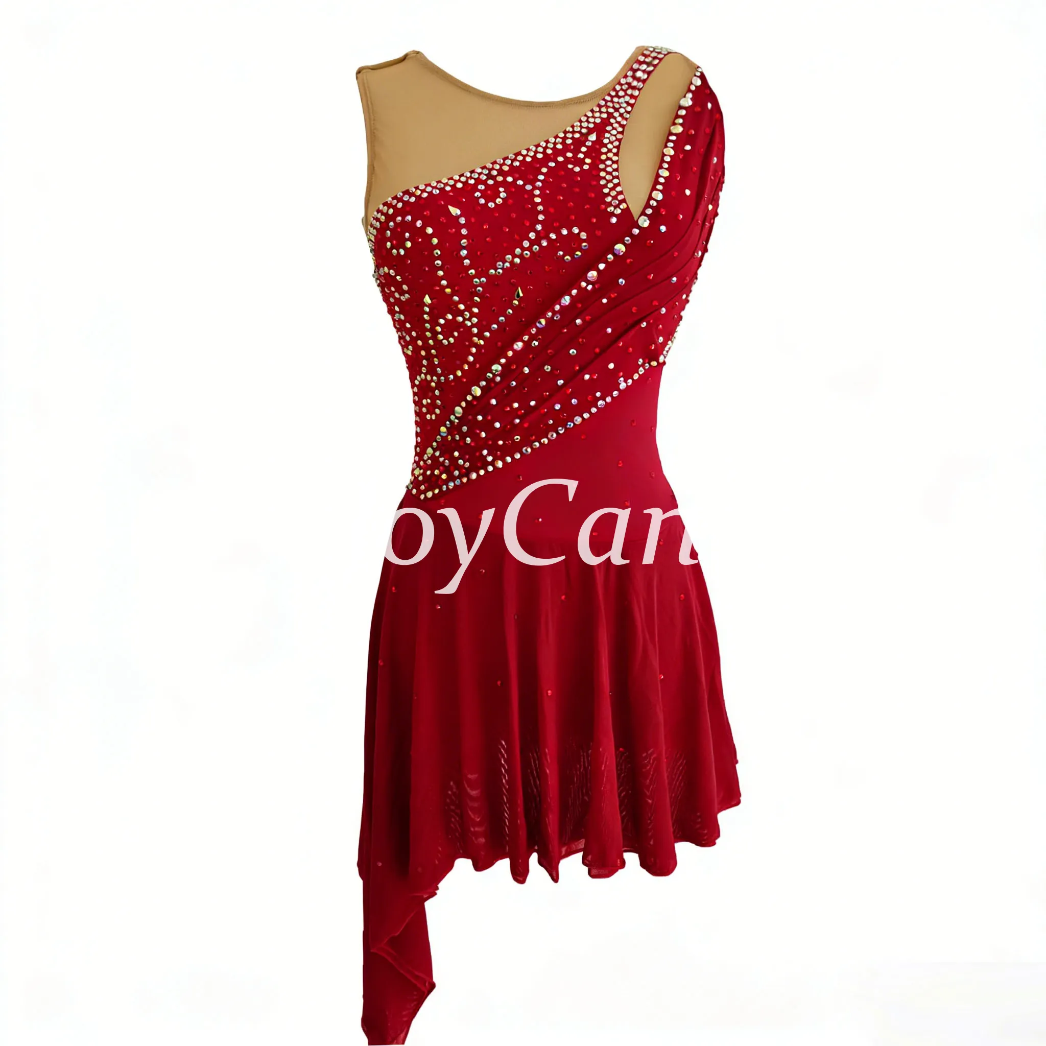 JoyCan Figure Skating Dress JC747 | Burgundy Asymmetrical Draped Sleeveless Scroll‑Rhinestone Competition Ice Skating Costume for Girls and Women