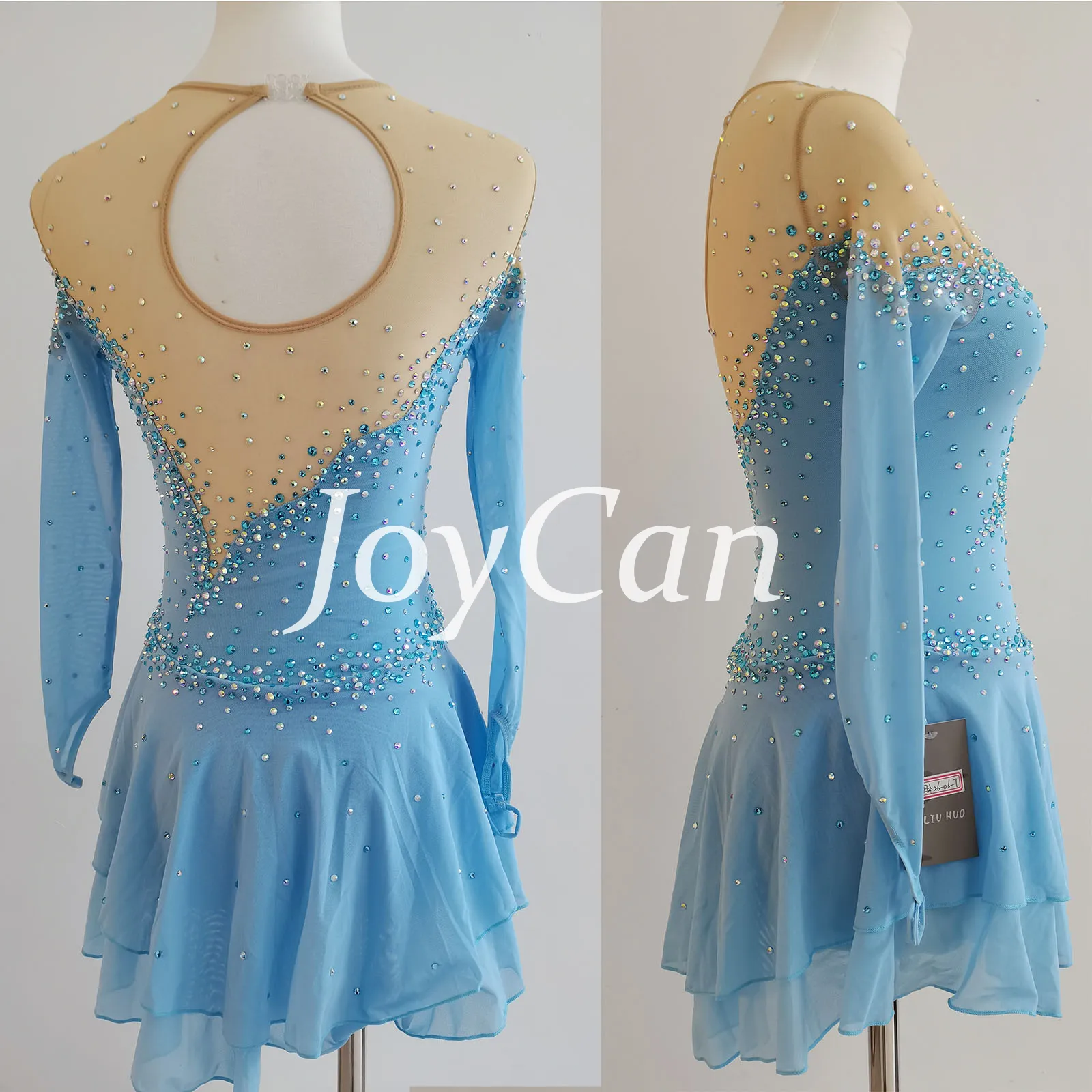 JoyCan Figure Skating Dress JSK241 | Light Blue Long‑Sleeve Sheer Mesh Neck Diagonal Rhinestone Competition Ice Skating Costume for Girls and Women