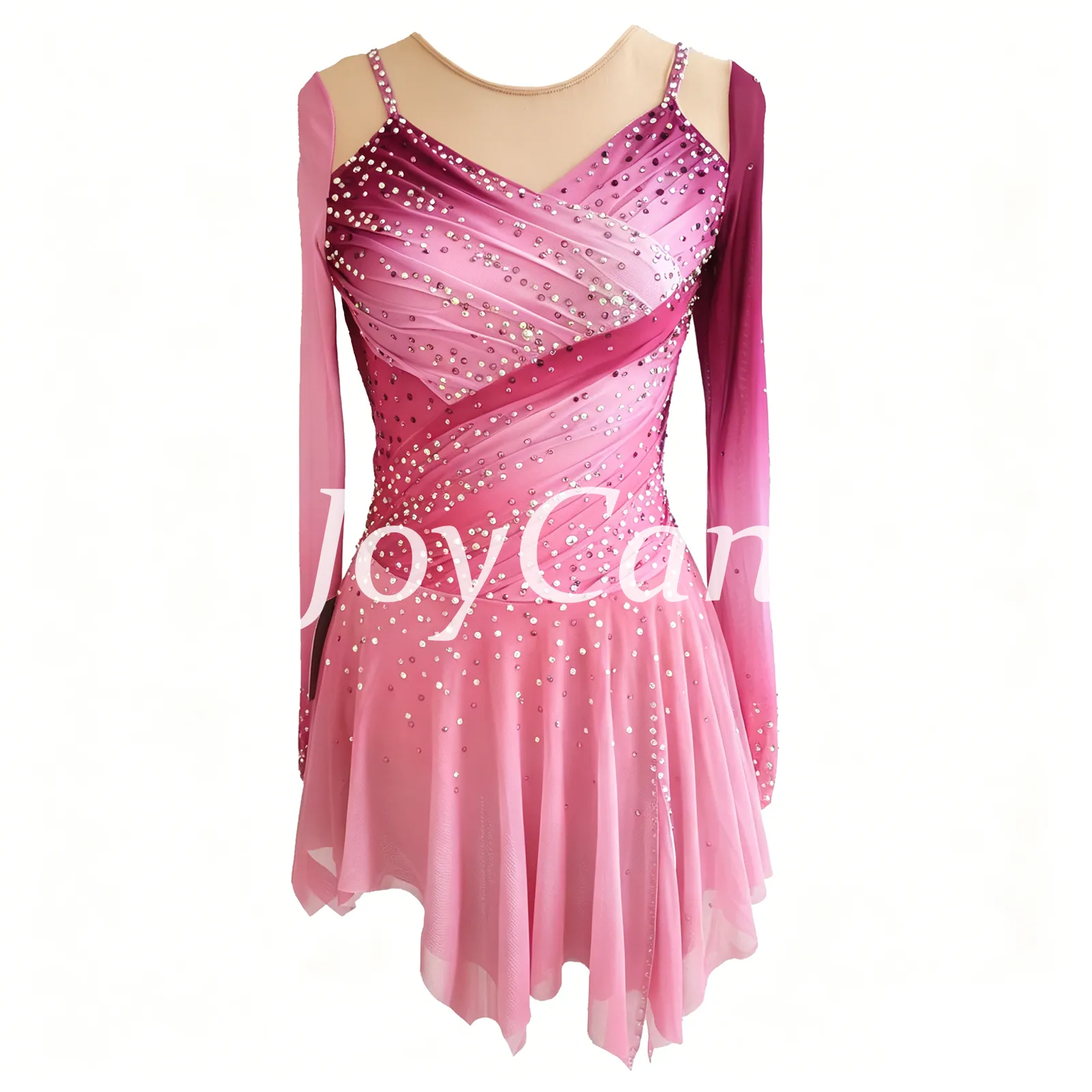 JoyCan Figure Skating Dress JC916 | Pink‑Magenta Gradient Long‑Sleeve Draped V‑Neck Rhinestone Competition Ice Skating Costume for Girls and Women