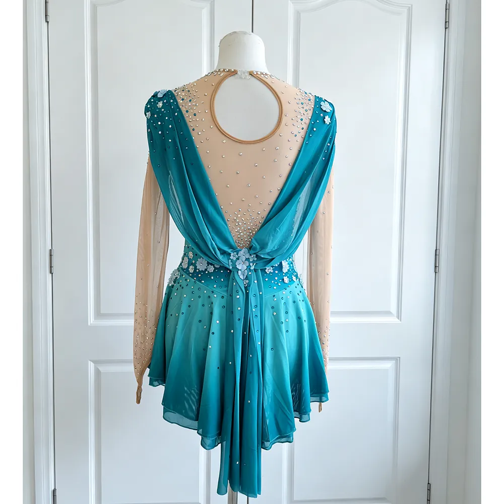 JoyCan Figure Skating Dress BD7053 | Teal‑Gradient 3D‑Floral Illusion‑Neck Long‑Sleeve Competition Ice Skating Costume for Girls and Women